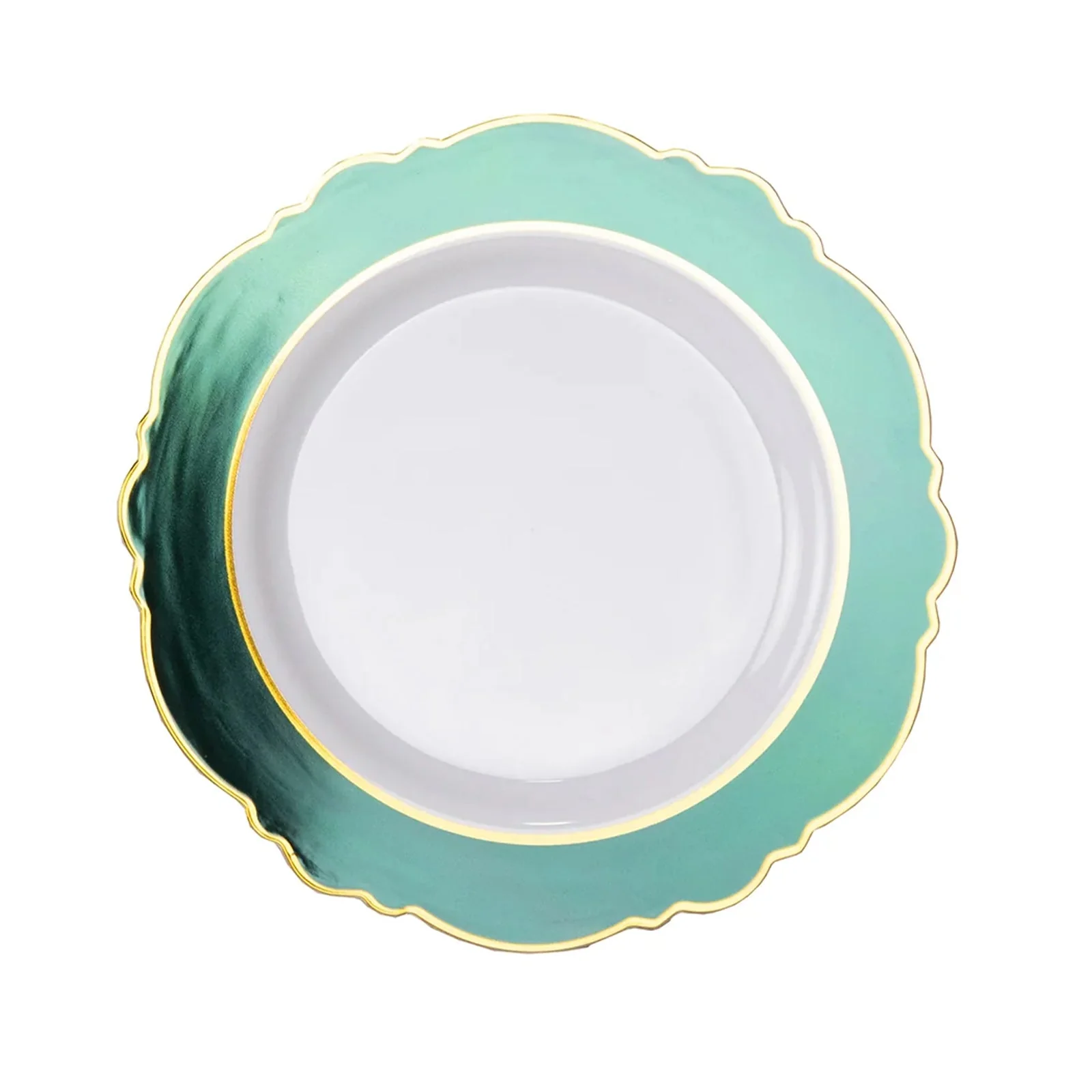 10-Pack Plastic Round Dinner Plates 10" White with Hunter Emerald Green Blossom Design & Gold Edging - Disposable Party Plates - Image 7