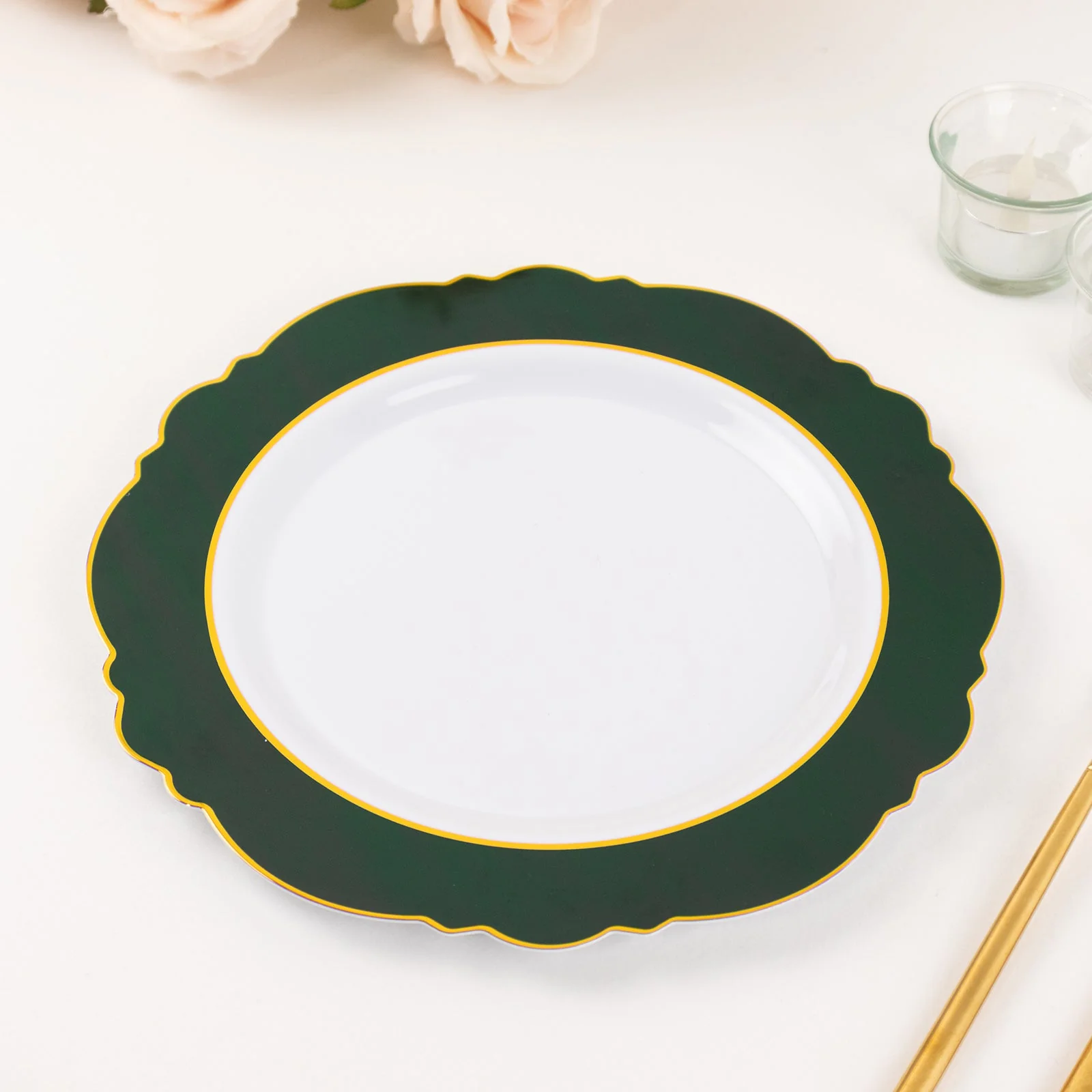 10-Pack Plastic Round Dinner Plates 10" White with Hunter Emerald Green Blossom Design & Gold Edging - Disposable Party Plates - Image 9