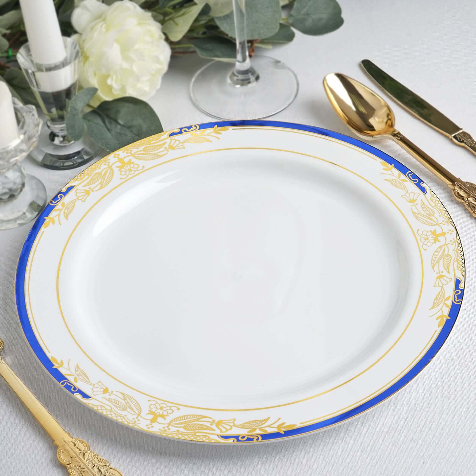 10-Pack Plastic Round Dinner Plates 10" White with Royal Blue - Image 11