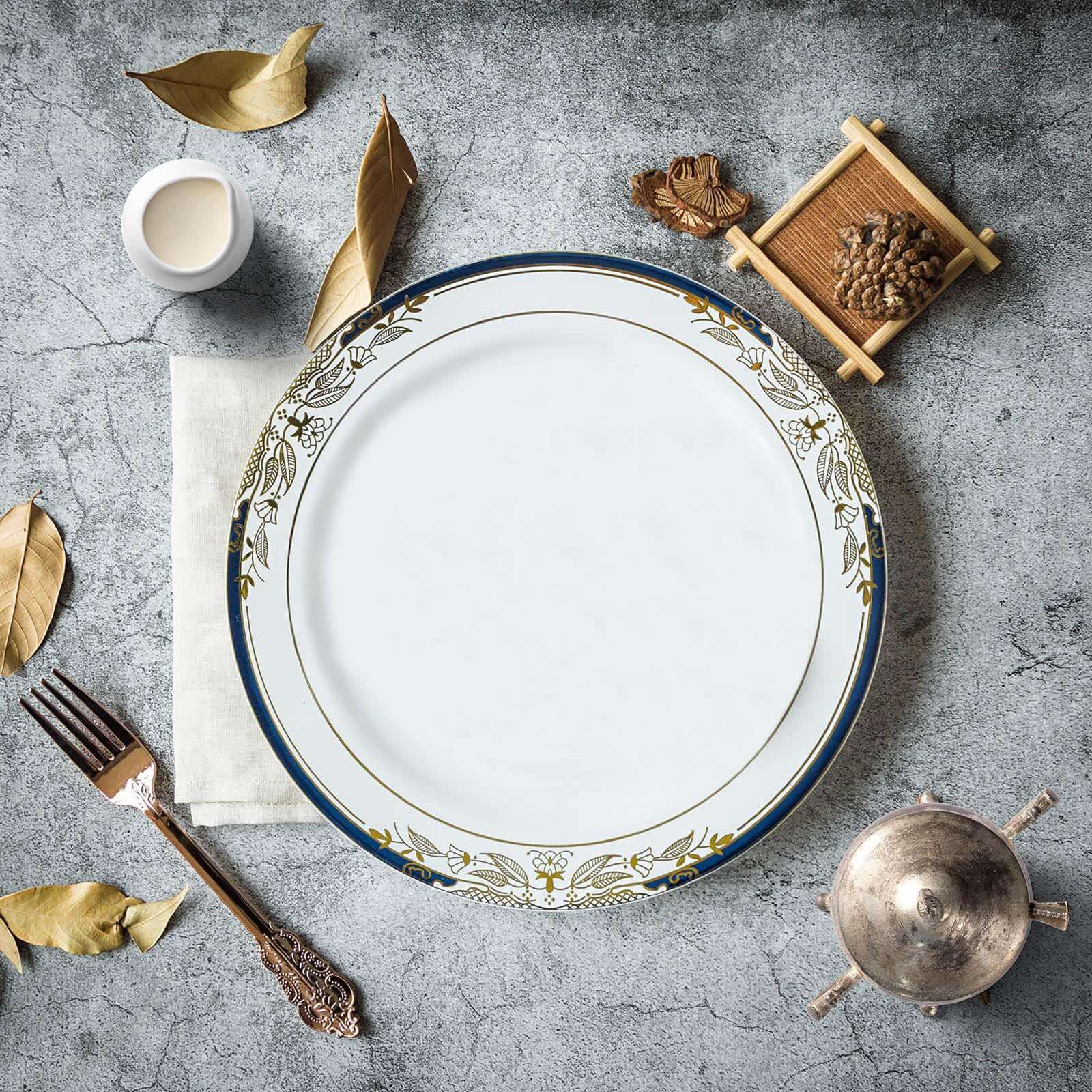 10-Pack Plastic Round Dinner Plates 10" White with Royal Blue - Image 9