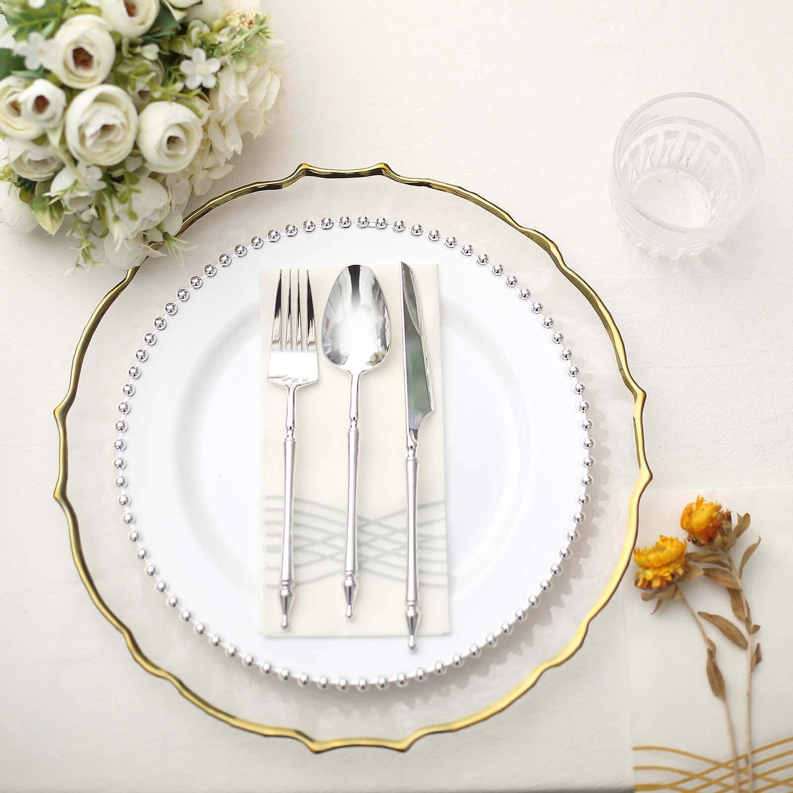 10-Pack Plastic Round Dinner Plates 10" White with Silver Beaded Rim - Disposable Party Plates - Image 2