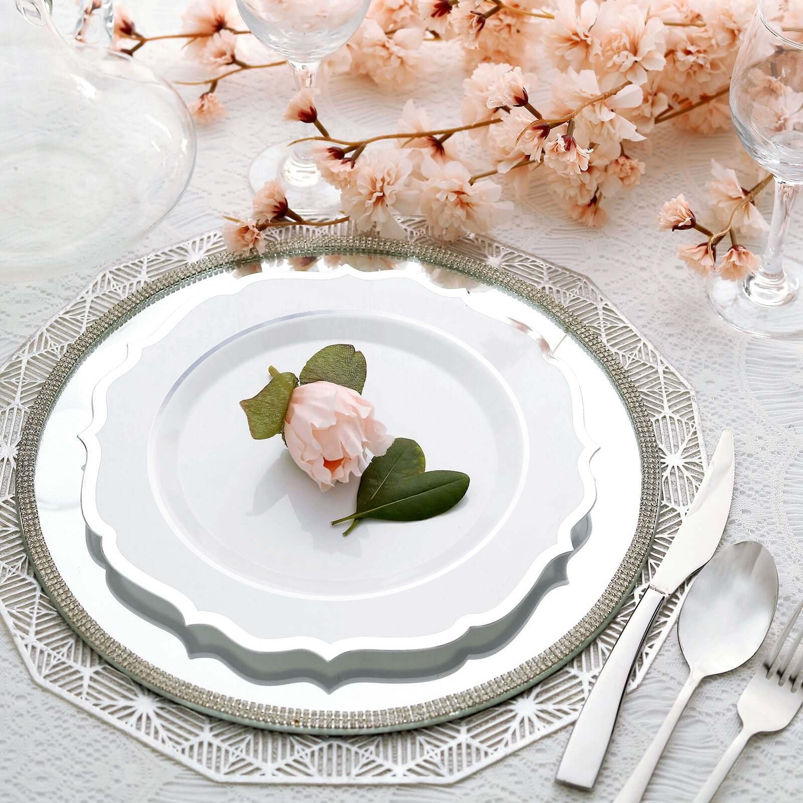 10-Pack Plastic Round Dinner Plates 10" White with Silver Scalloped Rim - Disposable Party Plates