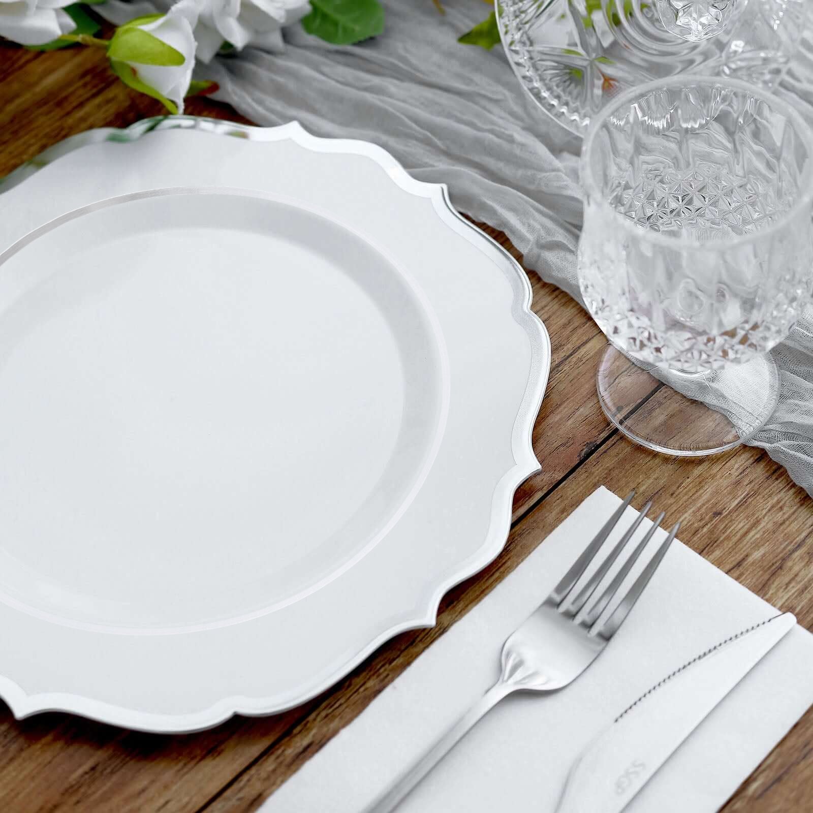 10-Pack Plastic Round Dinner Plates 10" White with Silver Scalloped Rim - Disposable Party Plates - Image 6
