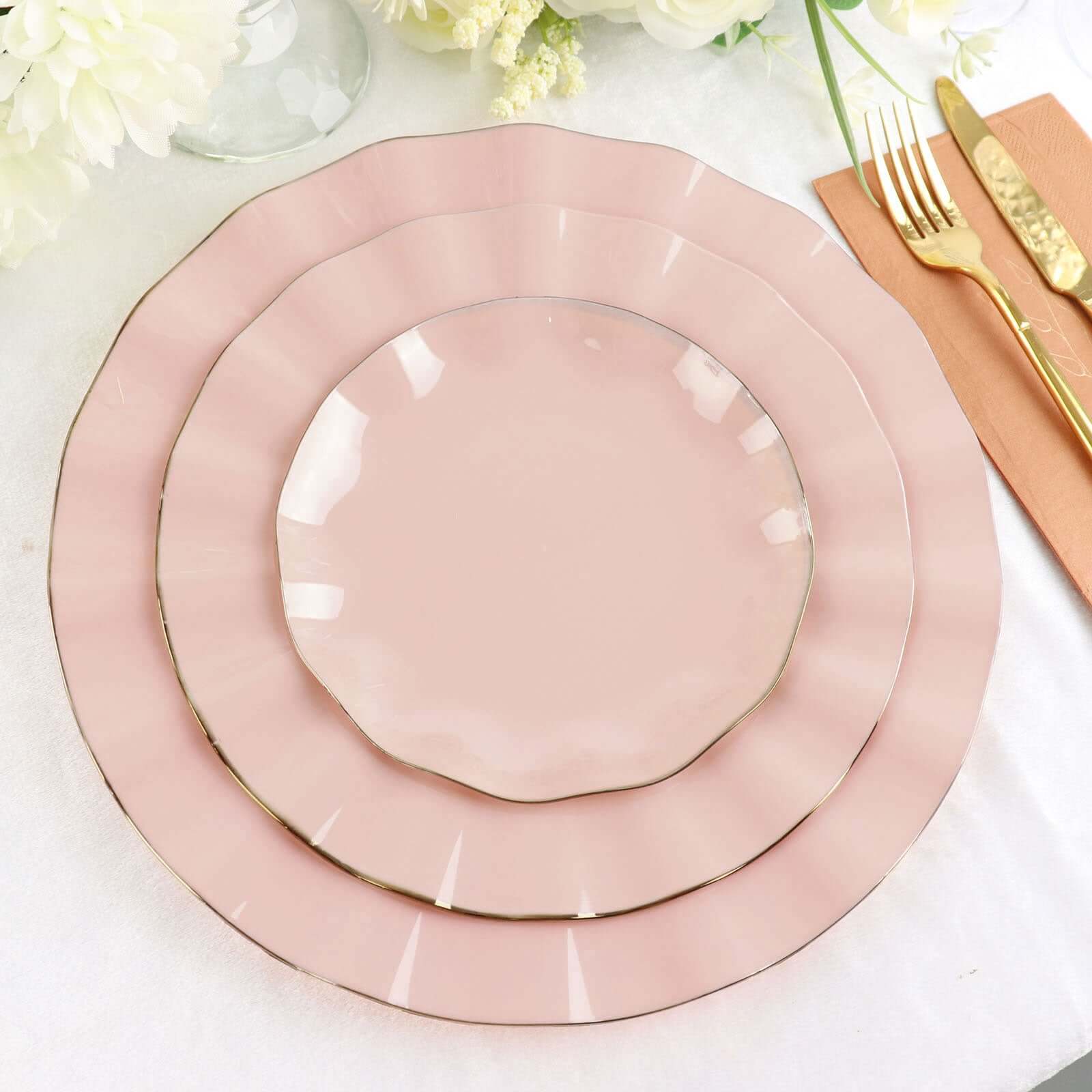 10-Pack Plastic Round Dinner Plates 11" Blush Ruffled Rim with Gold Edging - Heavy Duty Disposable Dinnerware - Image 2
