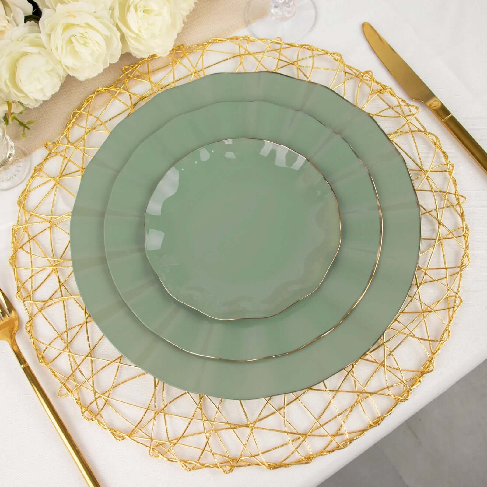 10-Pack Plastic Round Dinner Plates 11" Dusty Sage Green Ruffled Rim with Gold Edging - Heavy Duty Disposable Dinnerware - Image 2