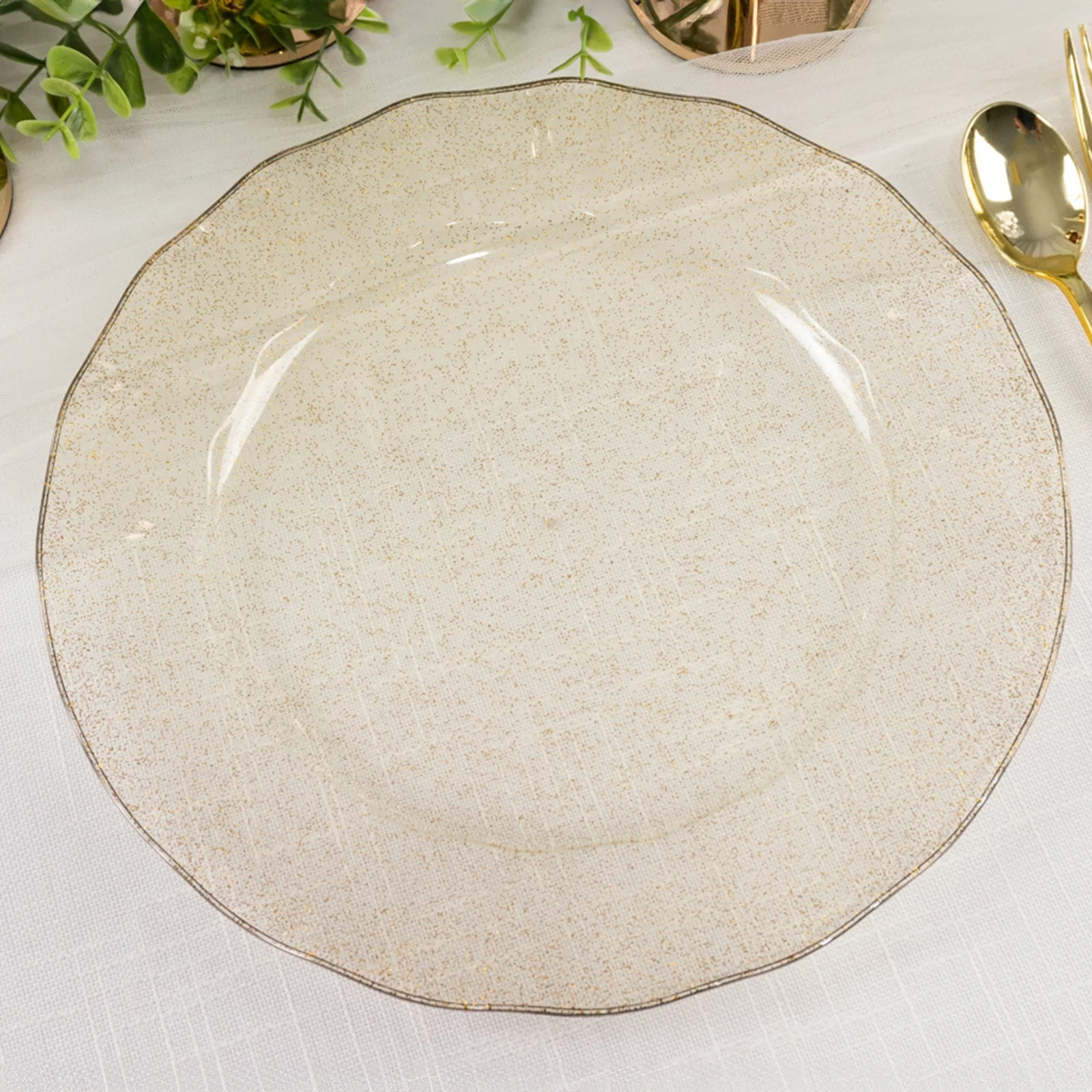 10-Pack Plastic Round Dinner Plates 11" Gold Glitter with Ruffled Rim - Transparent Heavy Duty Disposable Dinnerware - Image 5