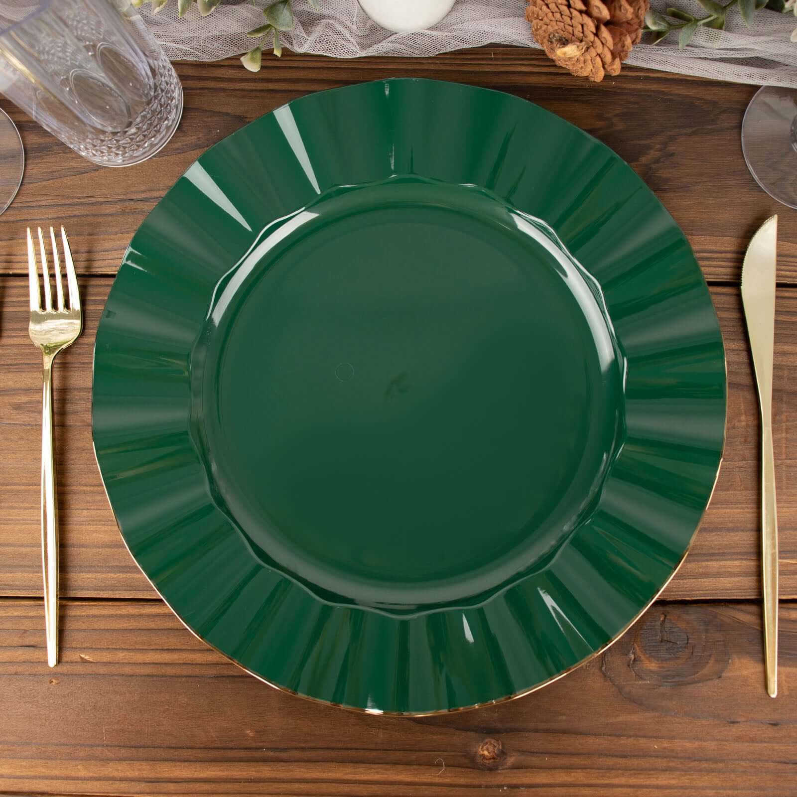 10-Pack Plastic Round Dinner Plates 11" Hunter Emerald Green Ruffled Rim with Gold Edging - Heavy Duty Disposable Dinnerware - Image 8