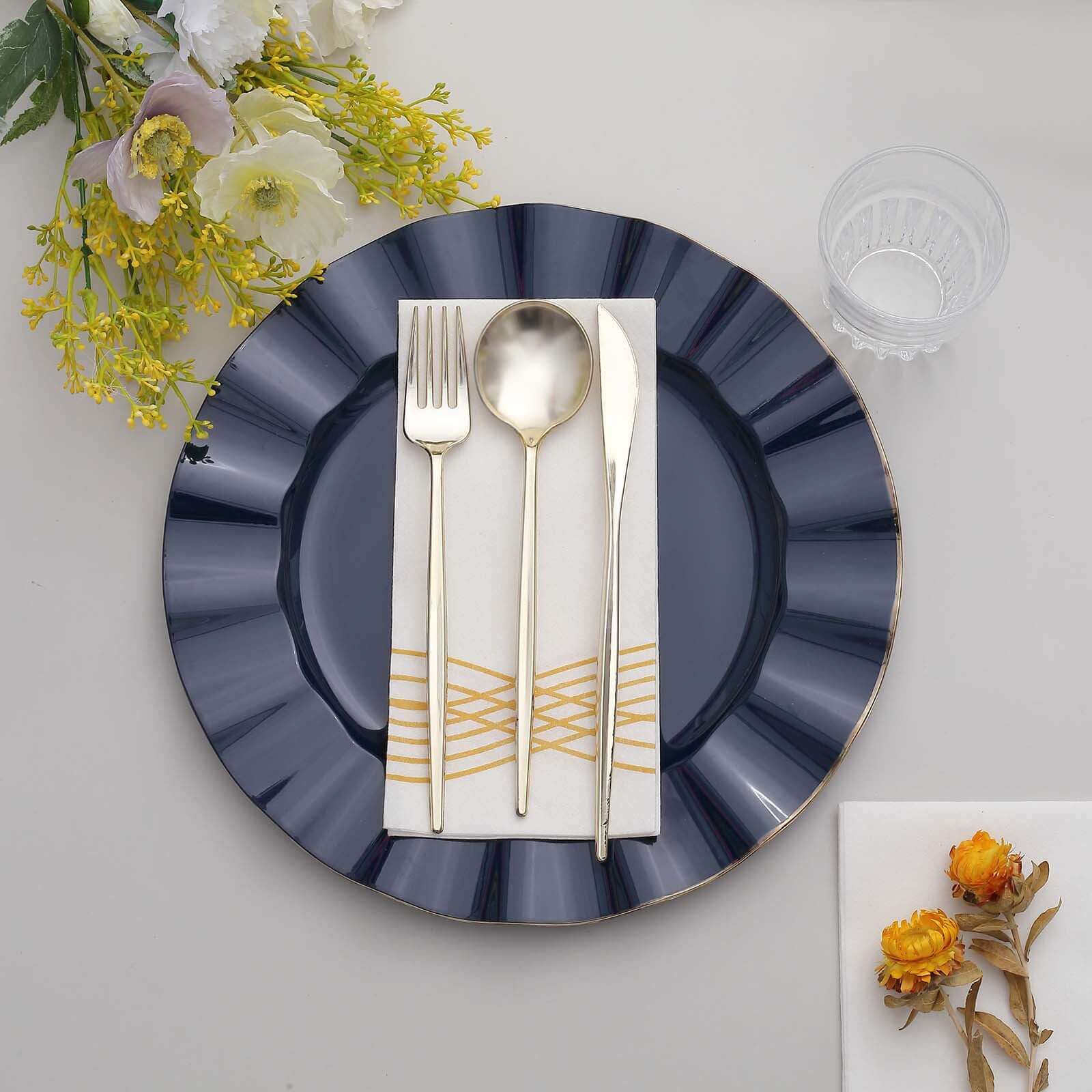 10-Pack Plastic Round Dinner Plates 11" Navy Blue Ruffled Rim with Gold Edging - Heavy Duty Disposable Dinnerware - Image 8