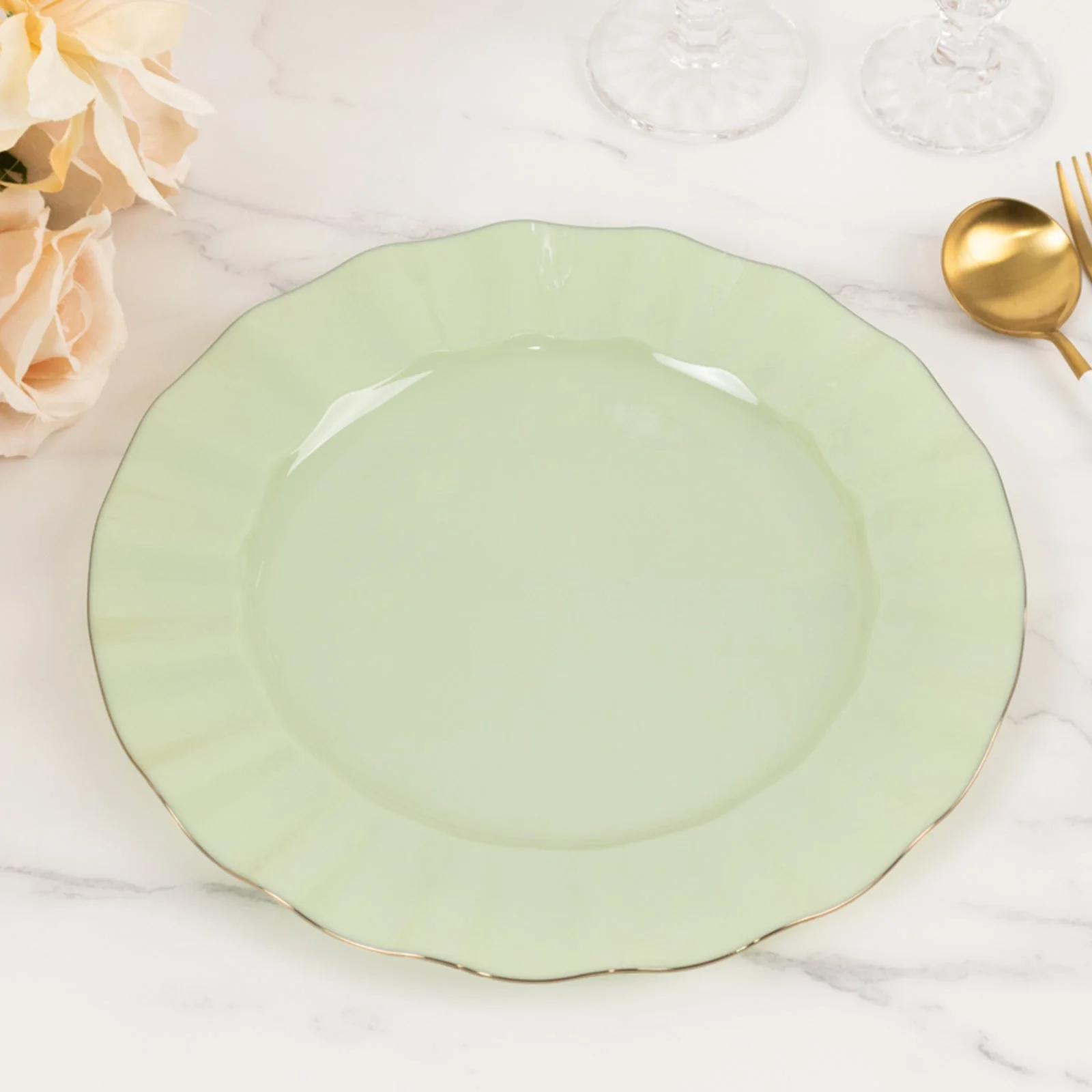 10-Pack Plastic Round Dinner Plates 11" Sage Green Ruffled Rim with Gold Edging - Heavy Duty Disposable Dinnerware - Image 8
