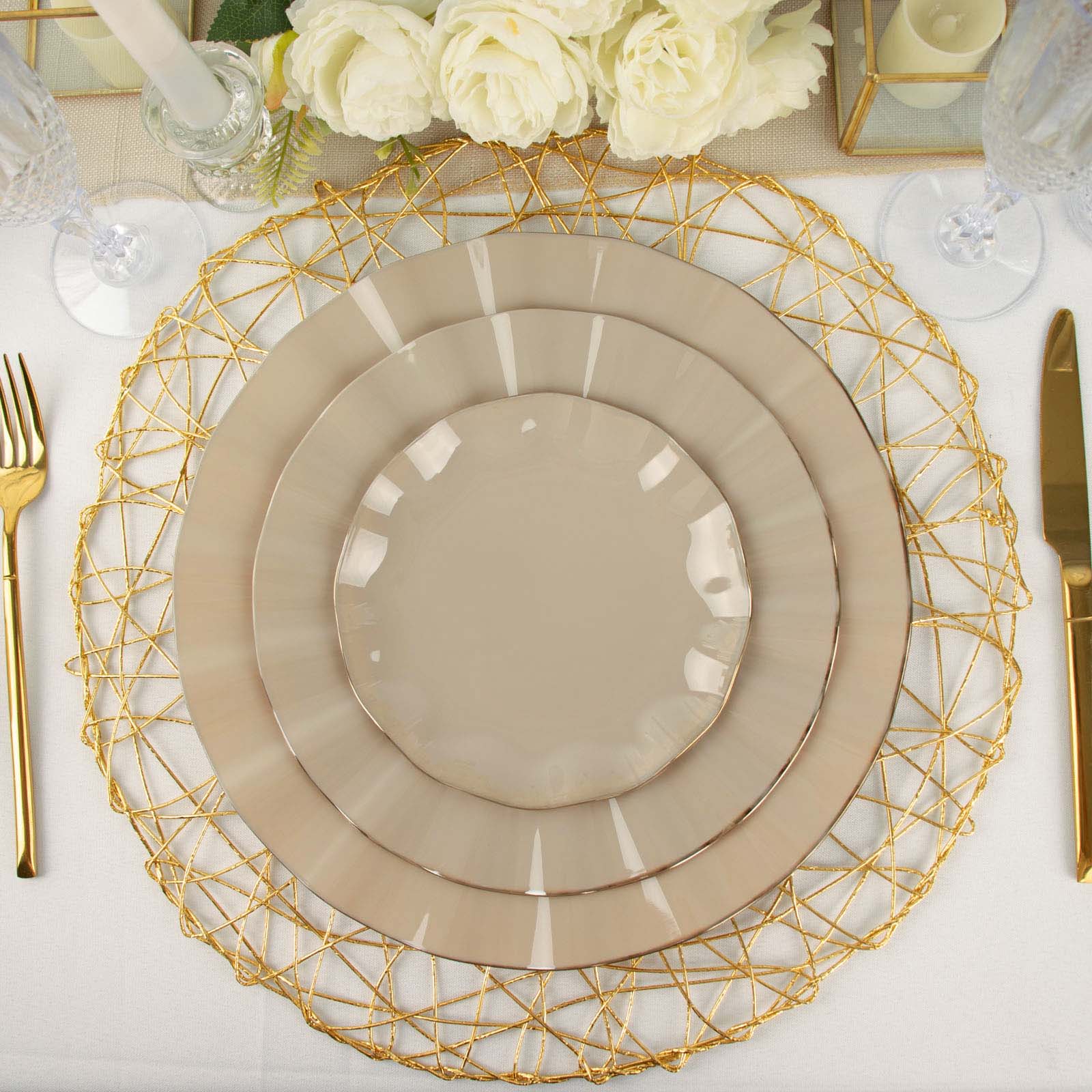 10-Pack Plastic Round Dinner Plates 11" Taupe Ruffled Rim with Gold Edging - Heavy Duty Disposable Dinnerware - Image 2