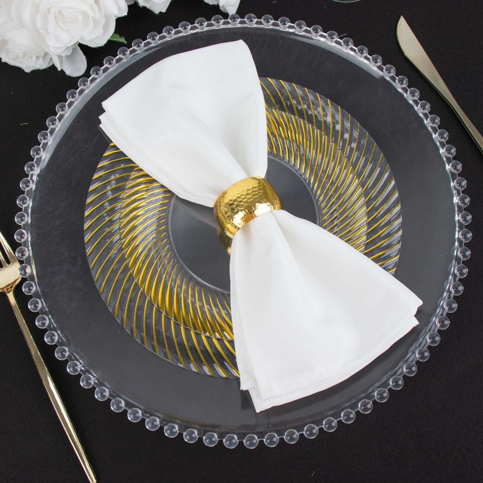 10-Pack Plastic Round Dinner Plates 9" Clear with Gold Swirl Rim - Disposable Party Plates - Image 2