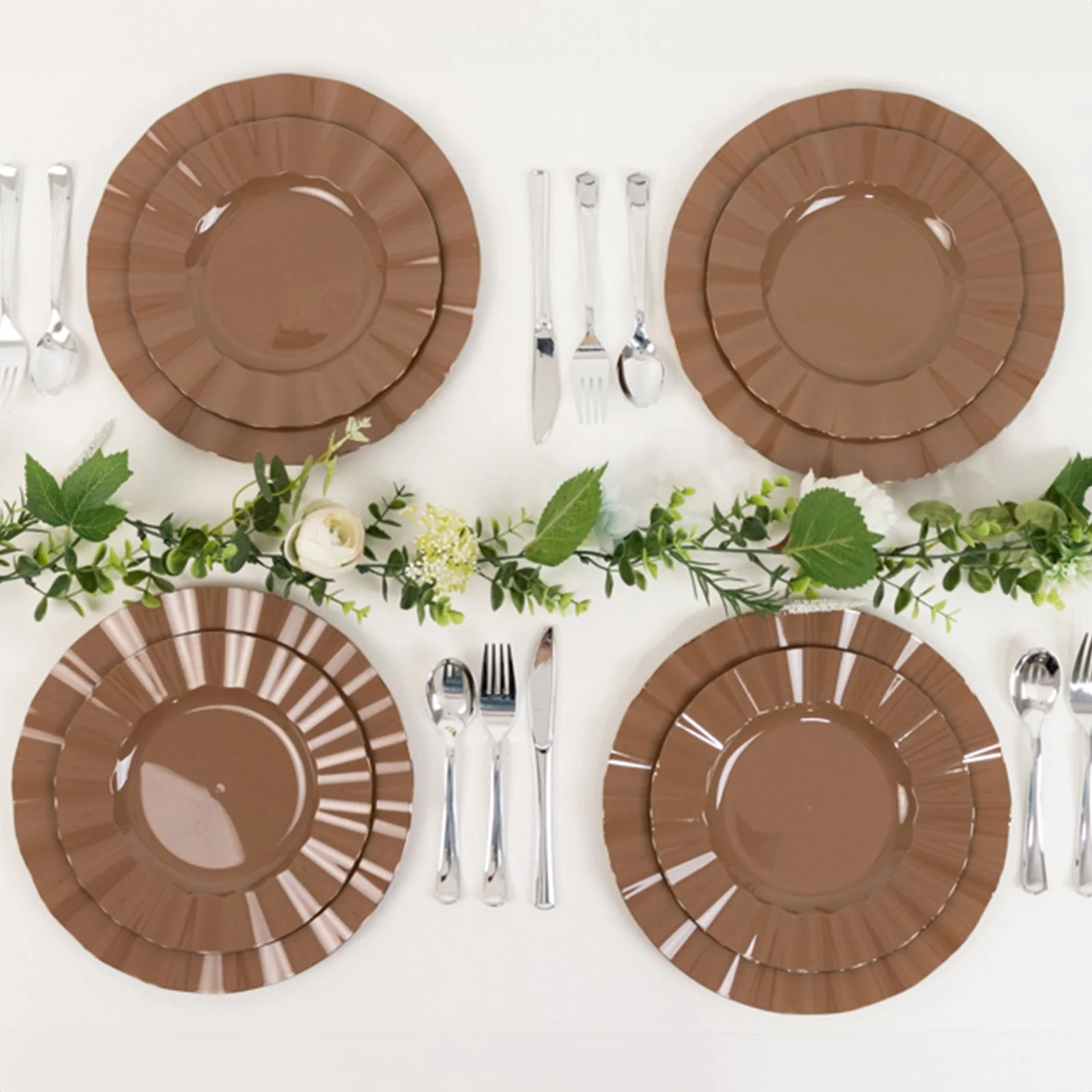 10-Pack Plastic Round Dinner Plates 9" Coffee Brown Ruffled Rim with Gold Edging - Heavy Duty Disposable Dinnerware - Image 2