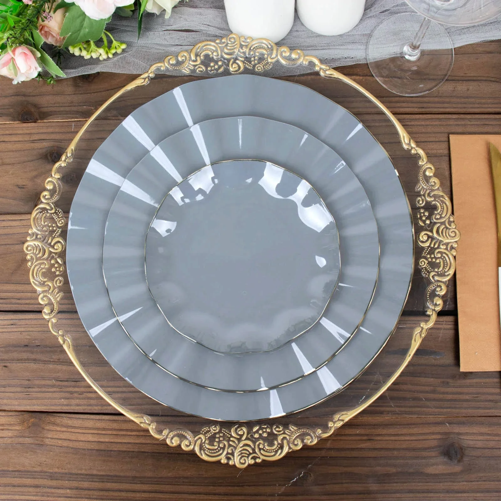 10-Pack Plastic Round Dinner Plates 9" Dusty Blue Ruffled Rim with Gold Edging - Heavy Duty Disposable Dinnerware - Image 2