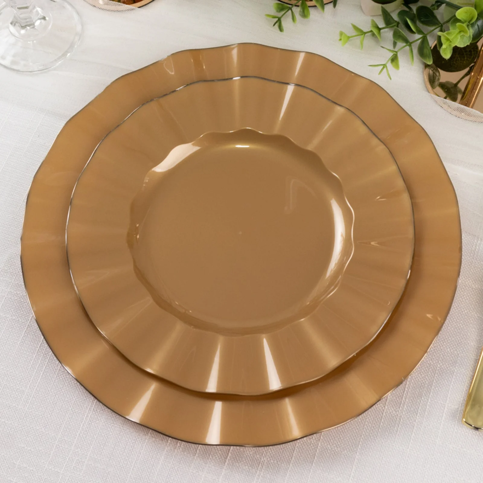 10-Pack Plastic Round Dinner Plates 9" Gold with Ruffled Rim - Heavy Duty Disposable Dinnerware for Upscale Buffets & Catered Events - Image 5