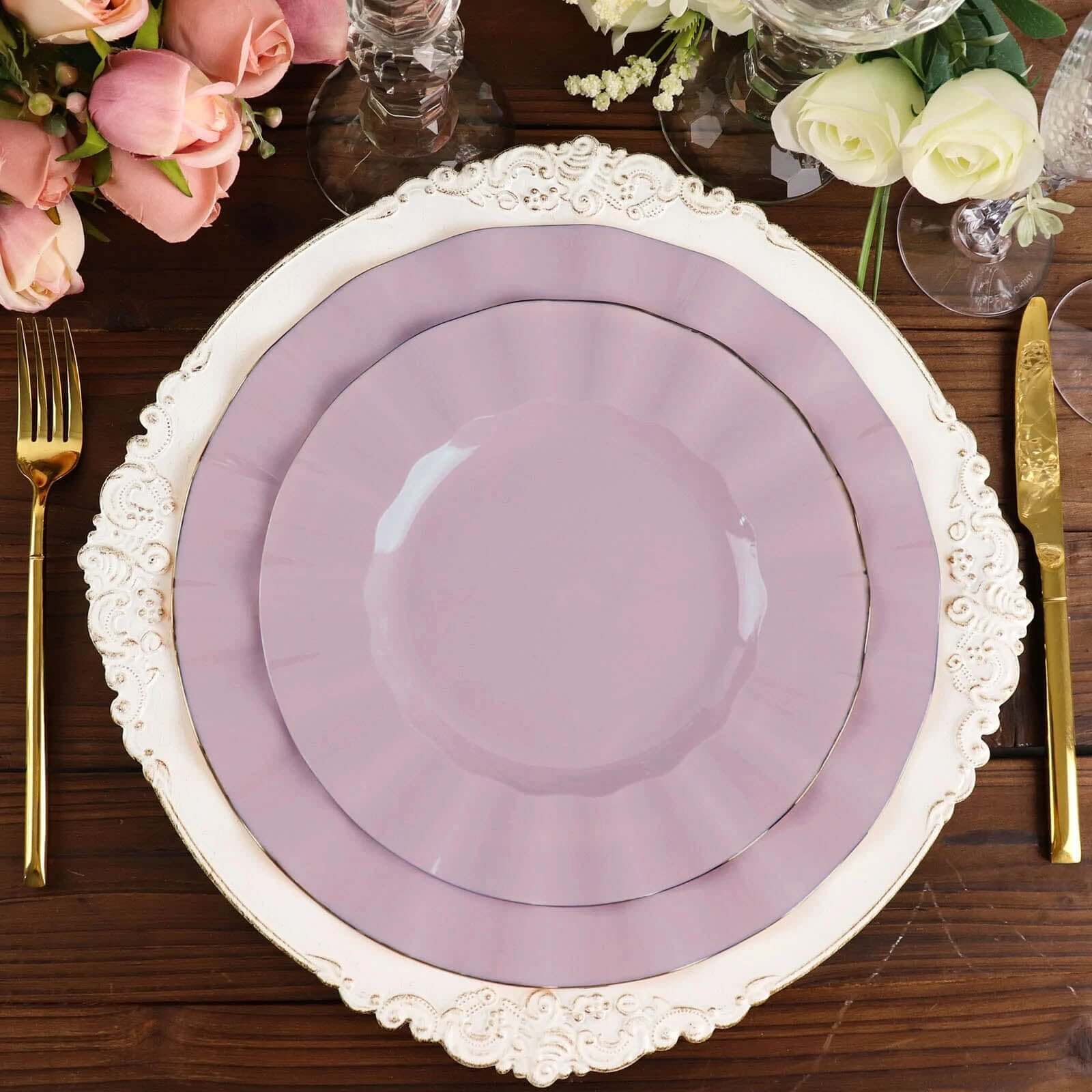 10-Pack Plastic Round Dinner Plates 9" Lavender Lilac Ruffled Rim with Gold Edging - Heavy Duty Disposable Dinnerware - Image 2