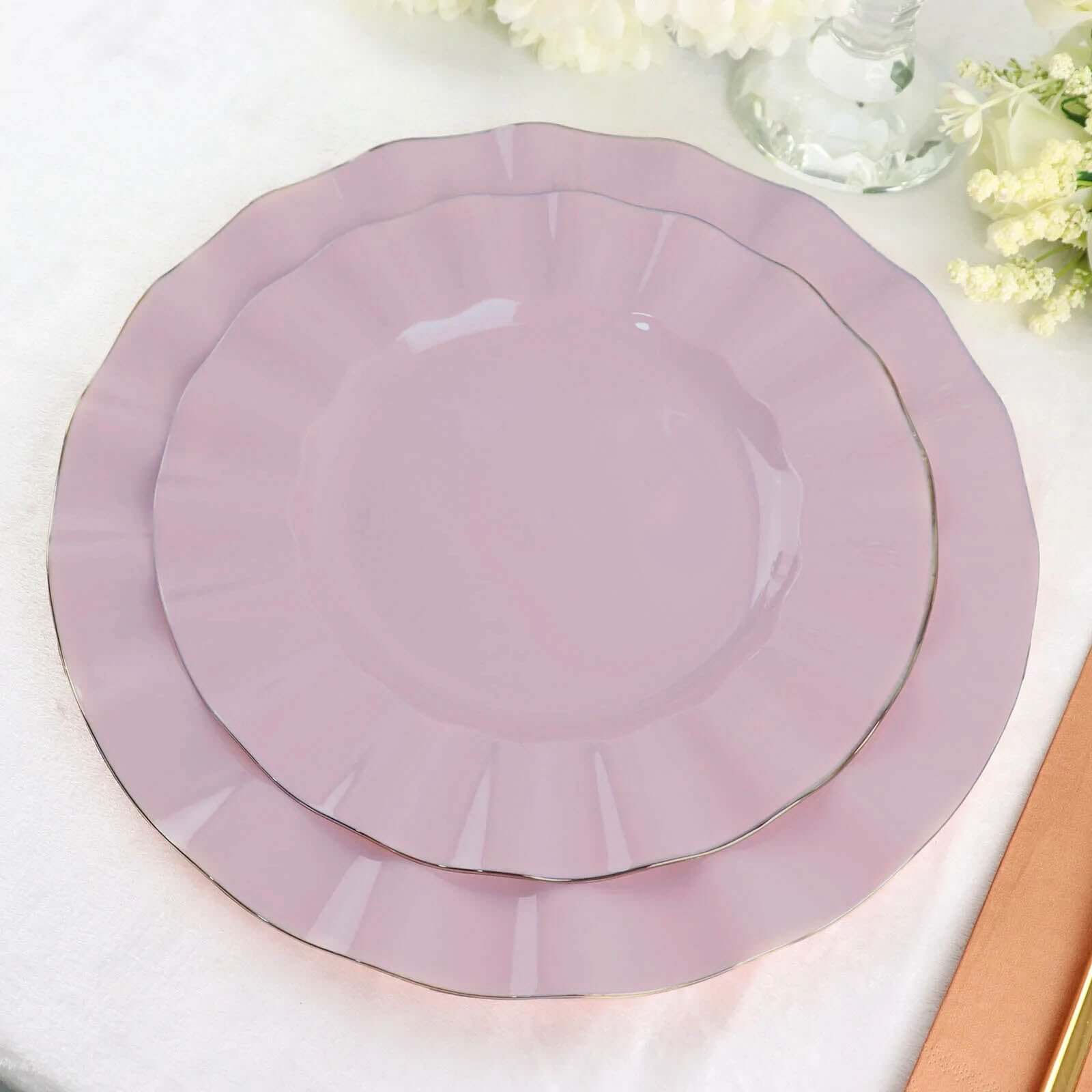 10-Pack Plastic Round Dinner Plates 9" Lavender Lilac Ruffled Rim with Gold Edging - Heavy Duty Disposable Dinnerware - Image 6