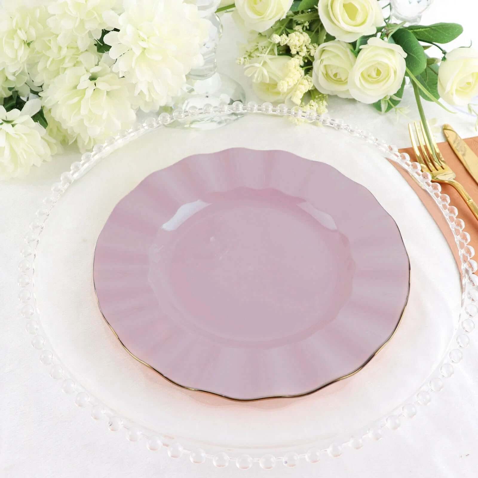 10-Pack Plastic Round Dinner Plates 9" Lavender Lilac Ruffled Rim with Gold Edging - Heavy Duty Disposable Dinnerware - Image 7