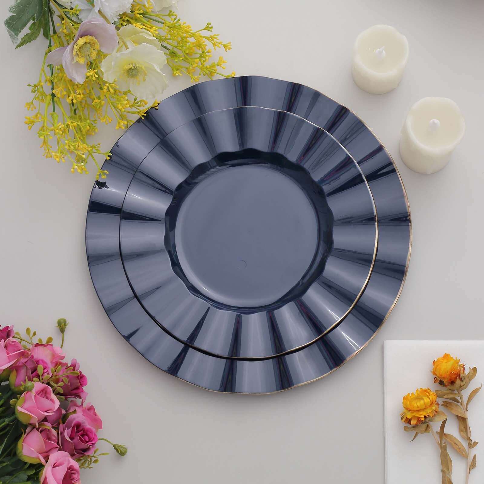 10-Pack Plastic Round Dinner Plates 9" Navy Blue Ruffled Rim with Gold Edging - Heavy Duty Disposable Dinnerware - Image 2