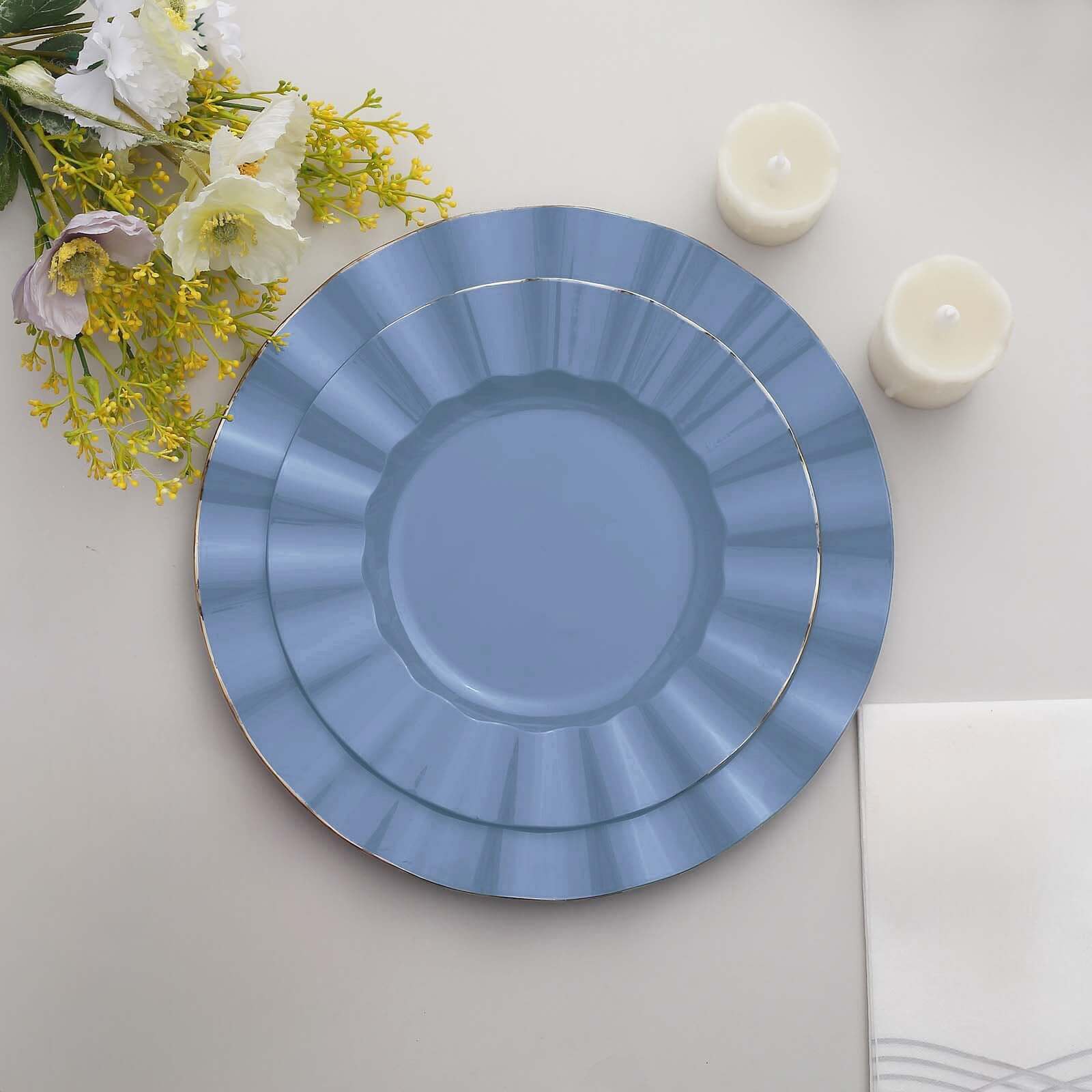 10-Pack Plastic Round Dinner Plates 9" Ocean Blue Ruffled Rim with Gold Edging - Heavy Duty Disposable Dinnerware - Image 2