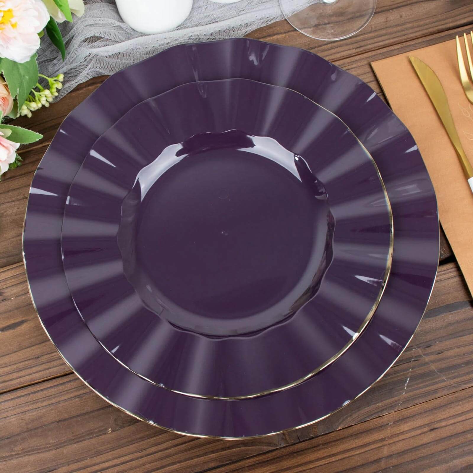 10-Pack Plastic Round Dinner Plates 9" Purple Ruffled Rim with Gold Edging - Heavy Duty Disposable Dinnerware