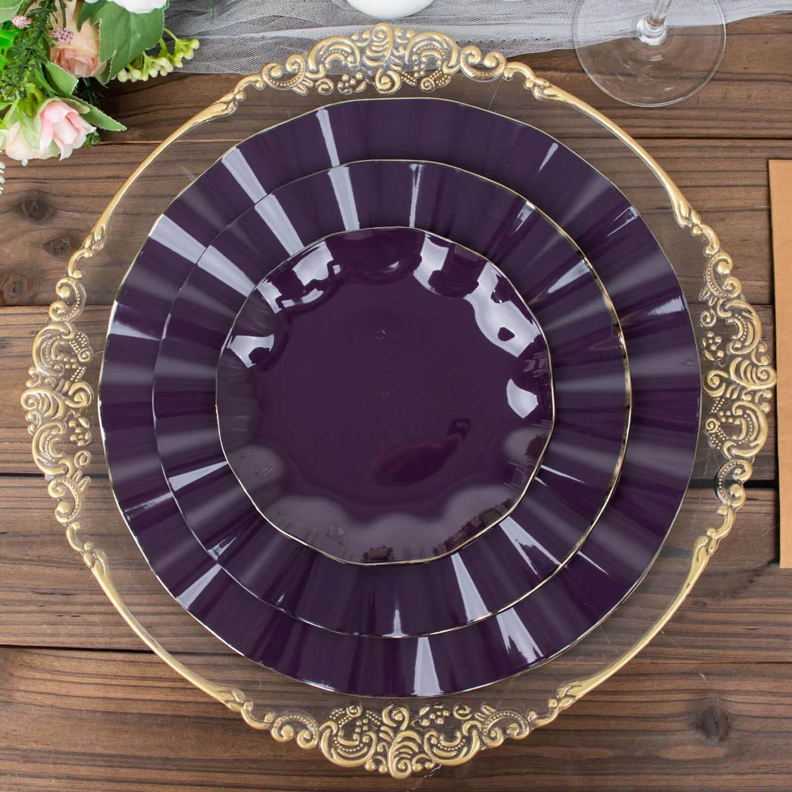 10-Pack Plastic Round Dinner Plates 9" Purple Ruffled Rim with Gold Edging - Heavy Duty Disposable Dinnerware - Image 6