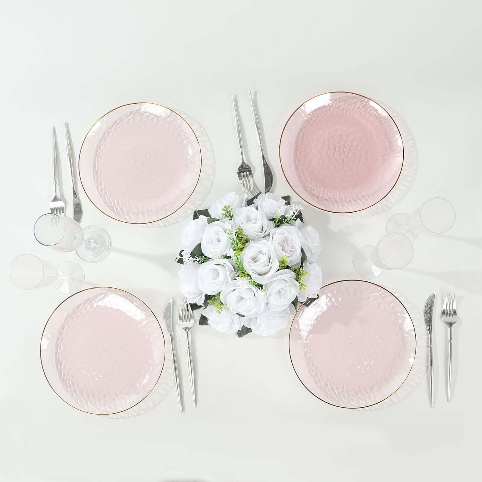 10-Pack Plastic Round Dinner Plates 9" Transparent Blush Hammered Design with Gold Rim - Modern Disposable Party Plates - Image 2