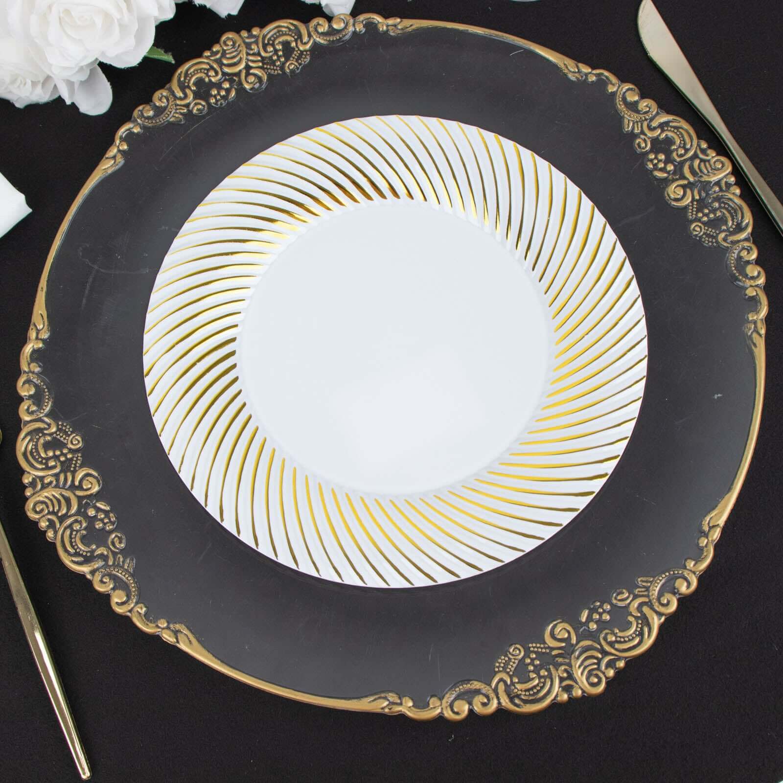 10-Pack Plastic Round Dinner Plates 9" White with Gold Swirl Rim - Disposable Party Plates for Sophisticated Events & Celebrations - Image 10