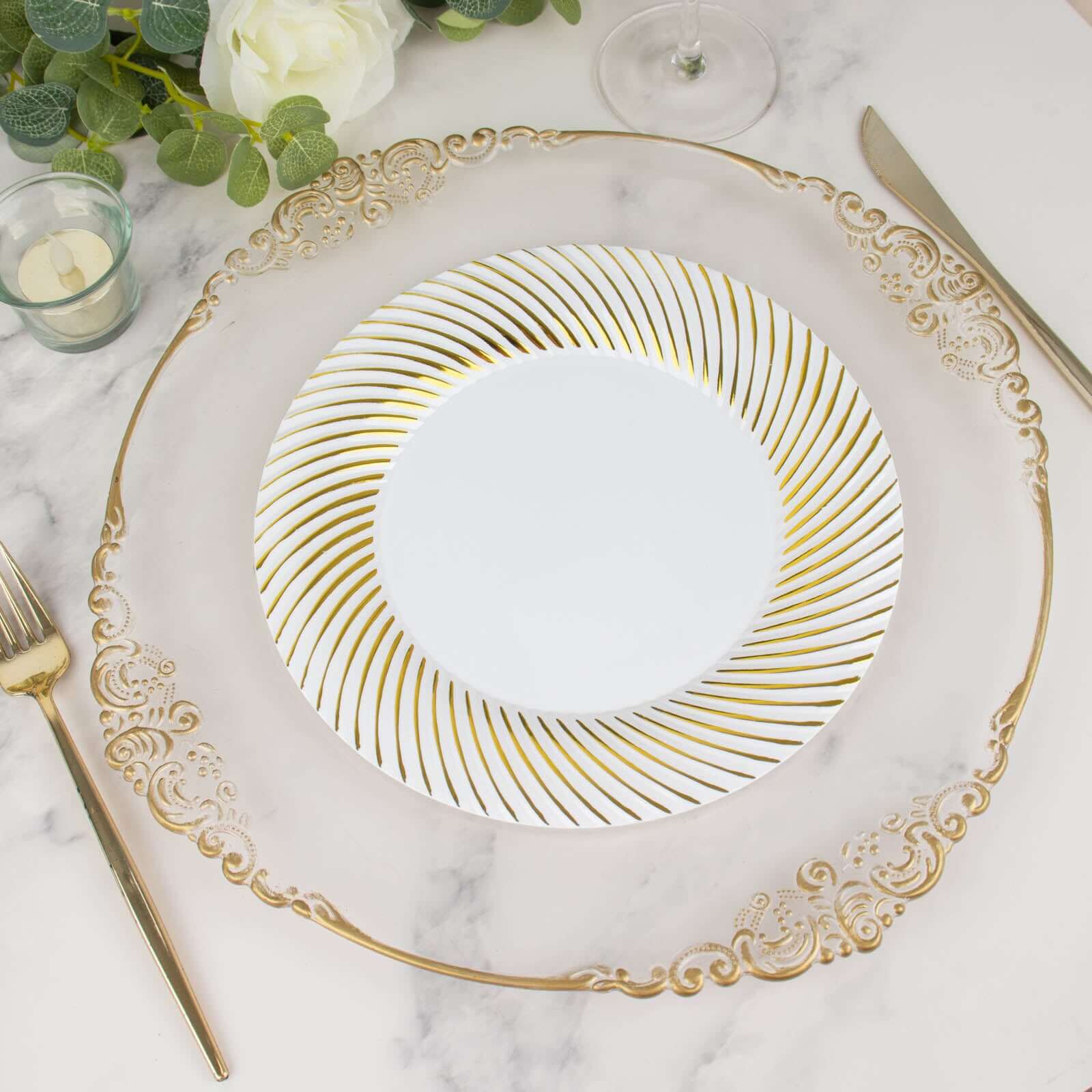 10-Pack Plastic Round Dinner Plates 9" White with Gold Swirl Rim - Disposable Party Plates for Sophisticated Events & Celebrations - Image 14