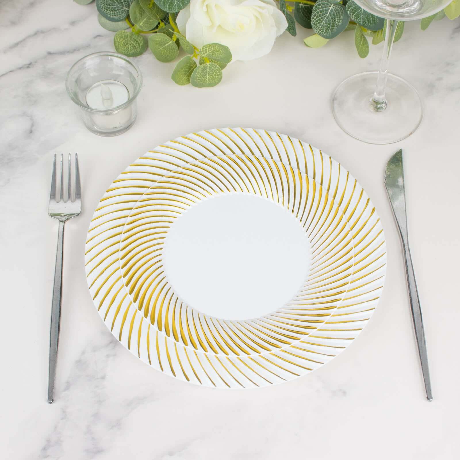 10-Pack Plastic Round Dinner Plates 9" White with Gold Swirl Rim - Disposable Party Plates for Sophisticated Events & Celebrations - Image 15