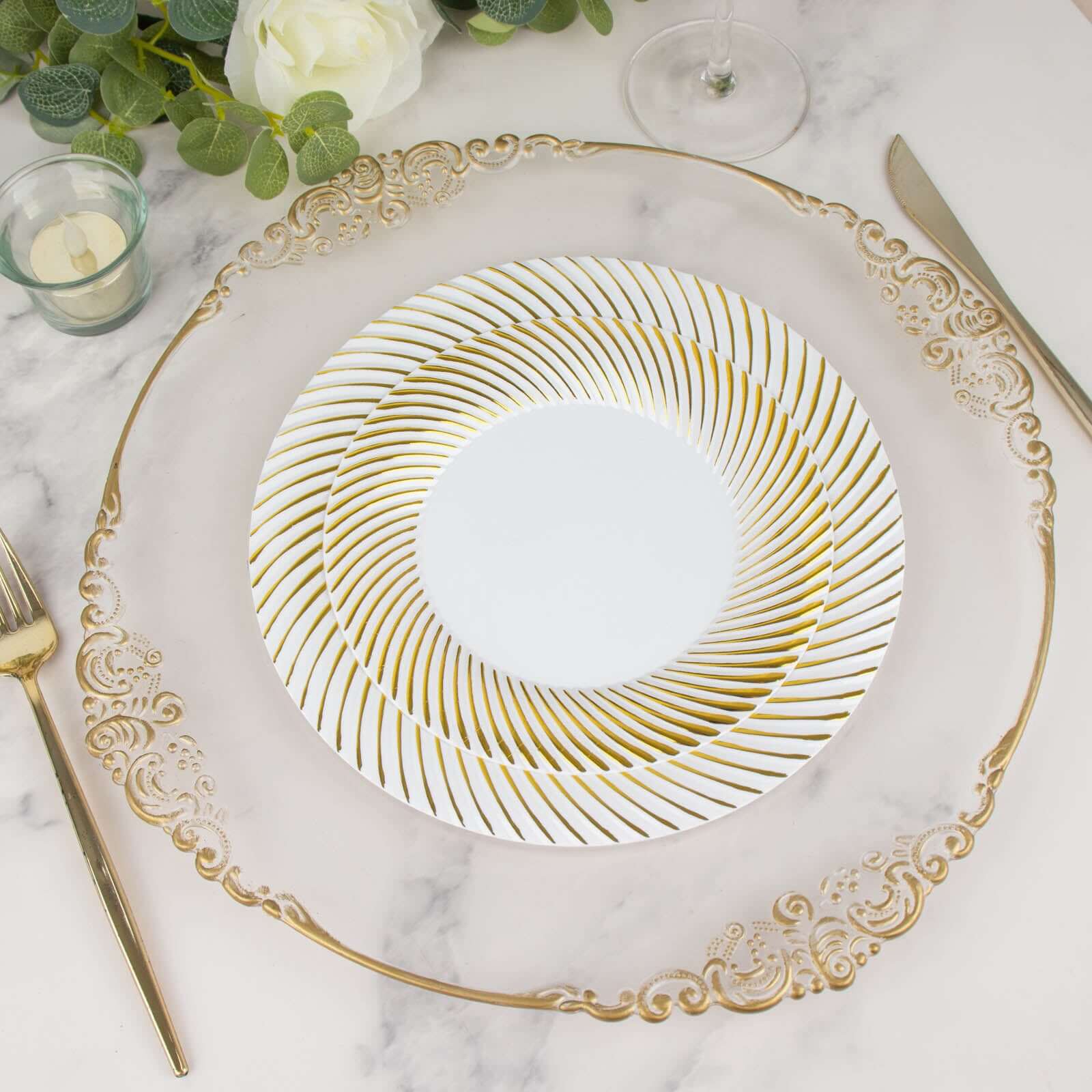 10-Pack Plastic Round Dinner Plates 9" White with Gold Swirl Rim - Disposable Party Plates for Sophisticated Events & Celebrations - Image 16