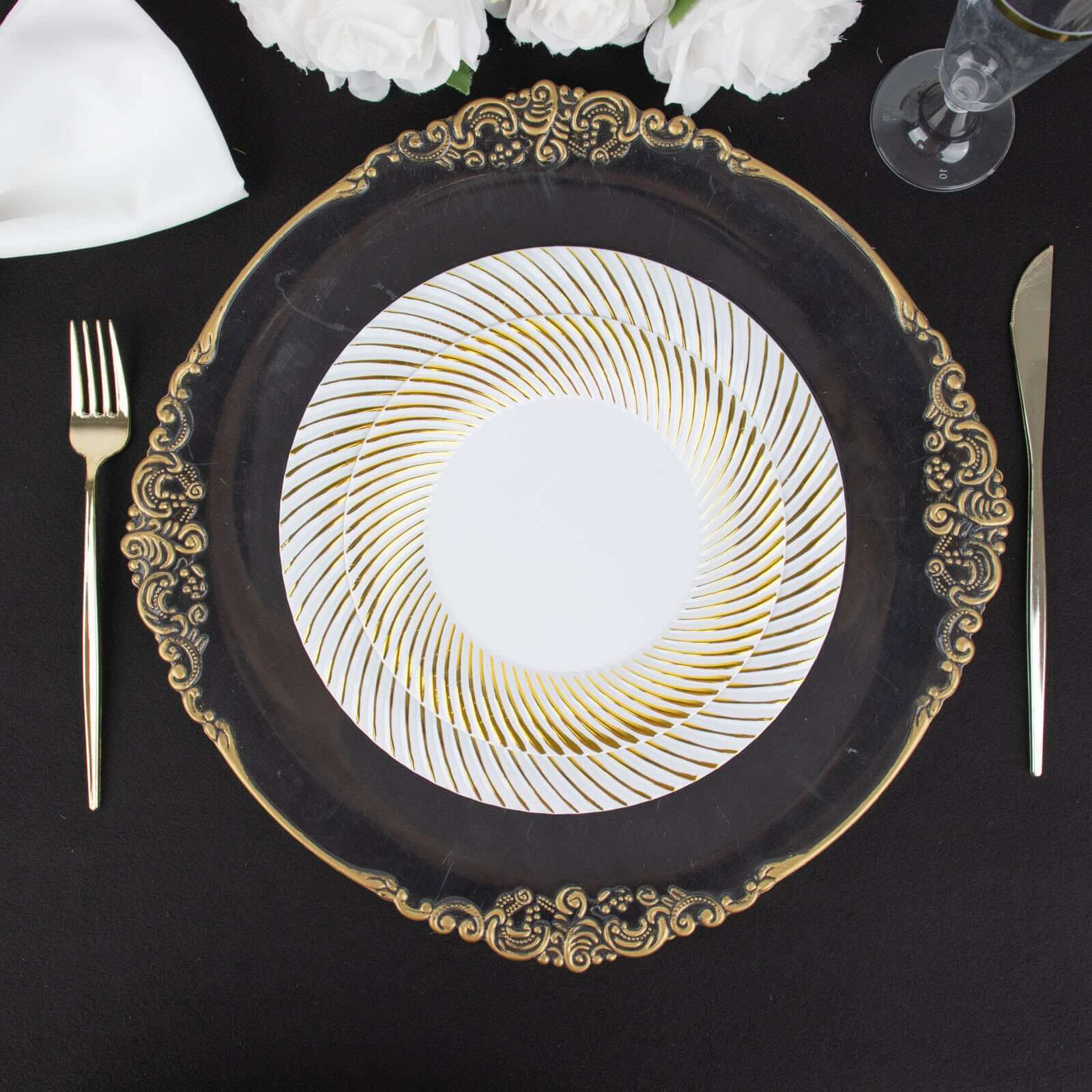 10-Pack Plastic Round Dinner Plates 9" White with Gold Swirl Rim - Disposable Party Plates for Sophisticated Events & Celebrations - Image 2