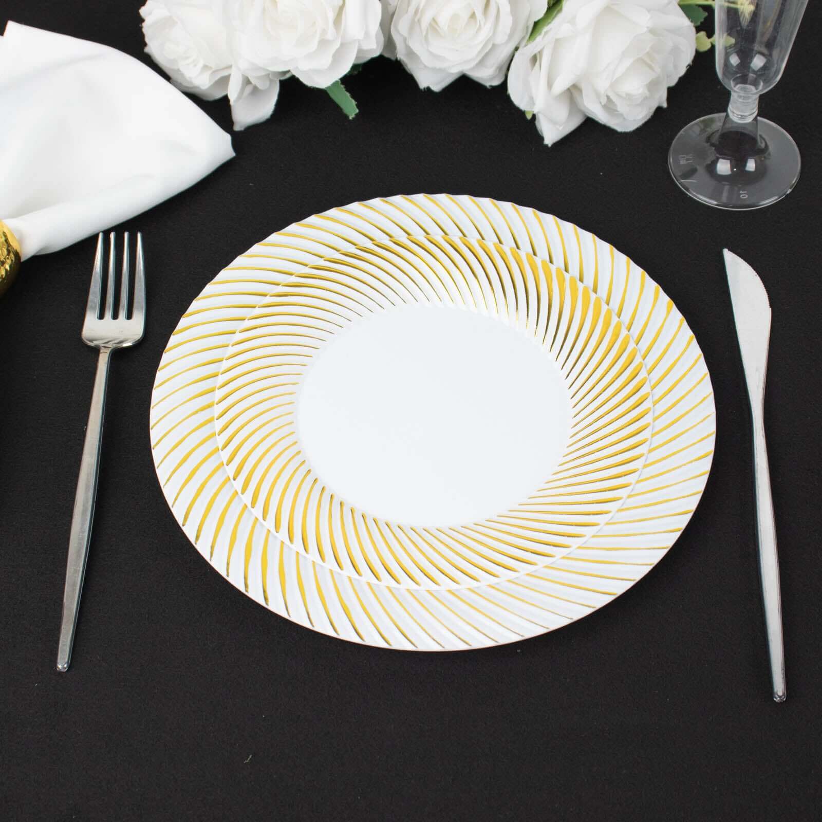 10-Pack Plastic Round Dinner Plates 9" White with Gold Swirl Rim - Disposable Party Plates for Sophisticated Events & Celebrations - Image 9