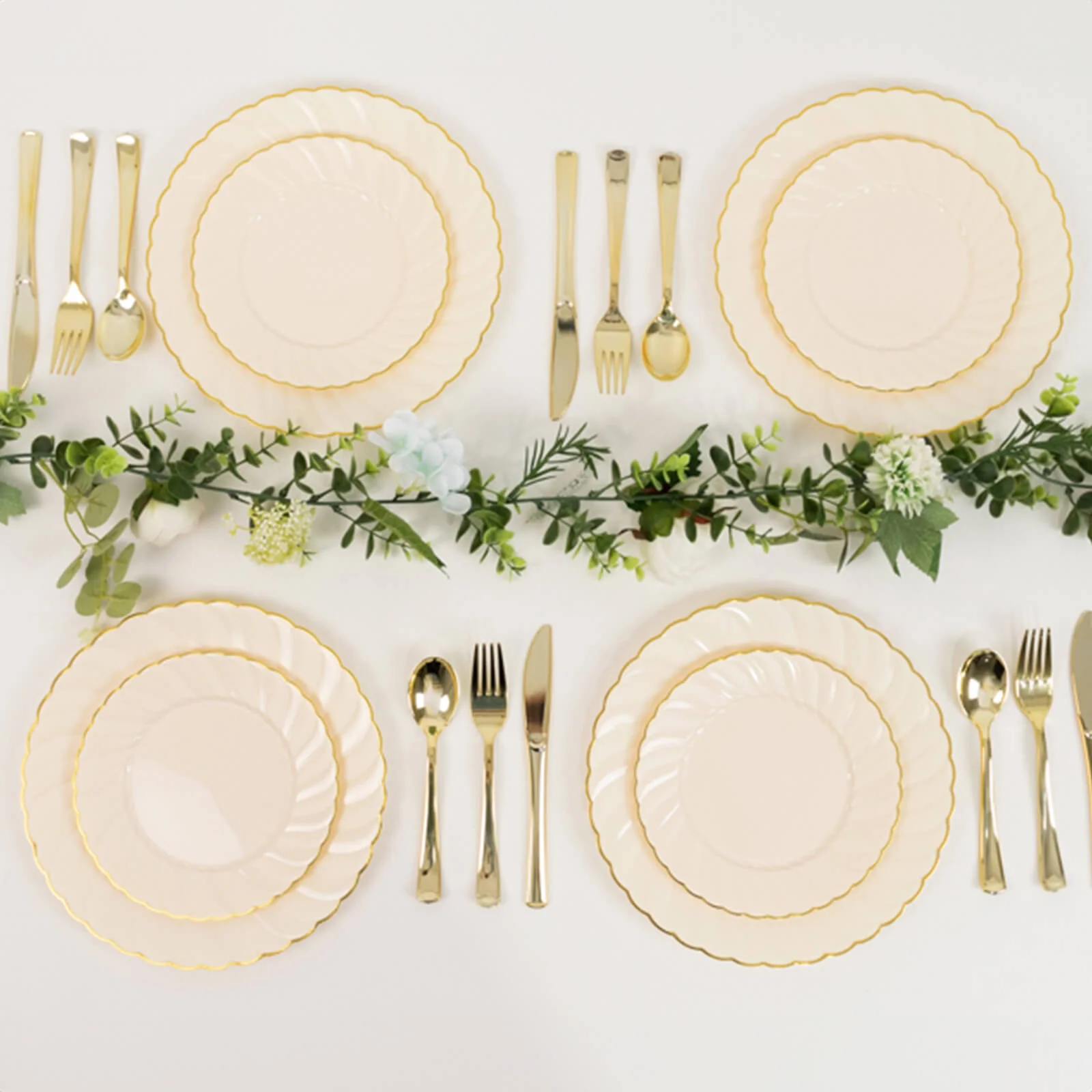 10-Pack Plastic Round Salad Dessert Plates 7.5" Ivory with Gold Flair Rim - Disposable Party Plates for Classy Events & Celebrations - Image 2