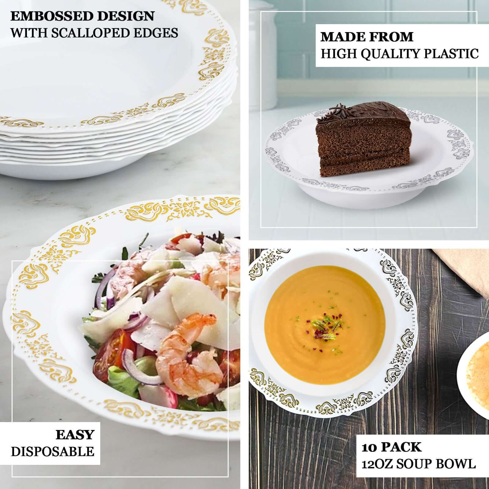 10-Pack Plastic Round Soup Bowl 12oz White with Gold Embossed Scalloped Rim - Durable Disposable Salad Dessert Bowls for Weddings & Banquets - Image 4