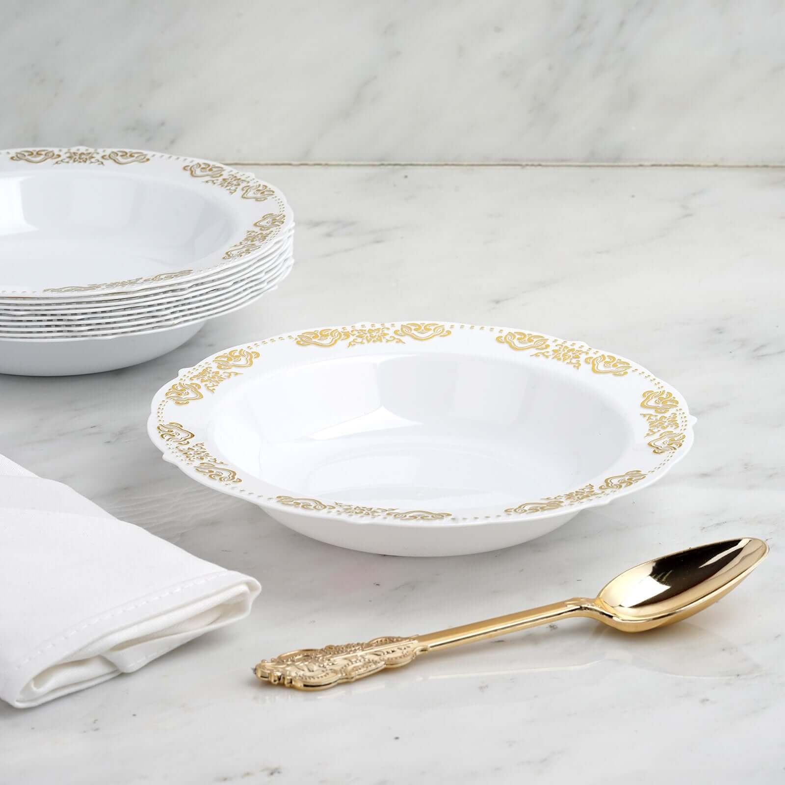 10-Pack Plastic Round Soup Bowl 12oz White with Gold Embossed Scalloped Rim - Durable Disposable Salad Dessert Bowls for Weddings & Banquets - Image 6