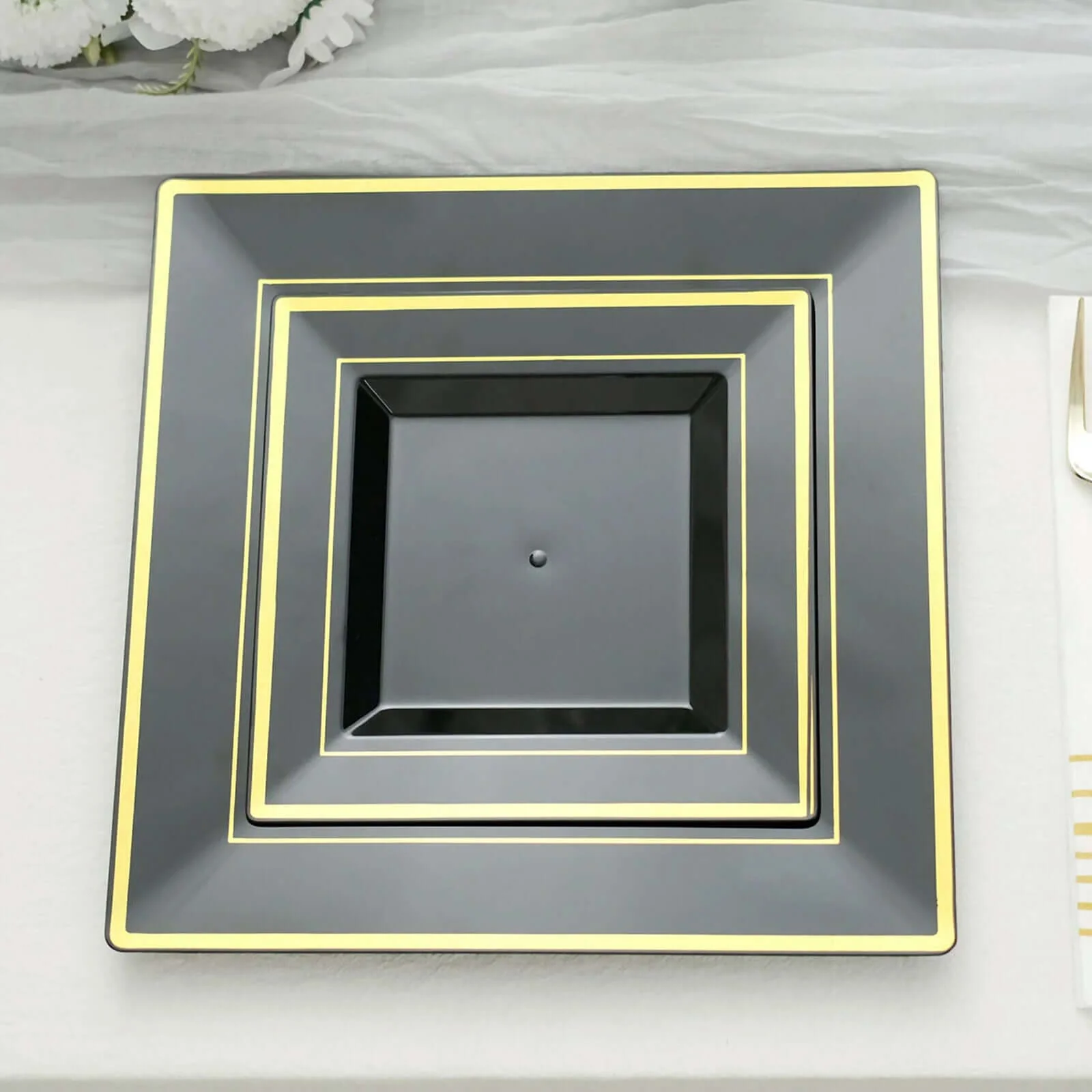 10-Pack Plastic Salad Dessert Plates 7" Black Square with Gold Trim - Disposable Plates for Parties