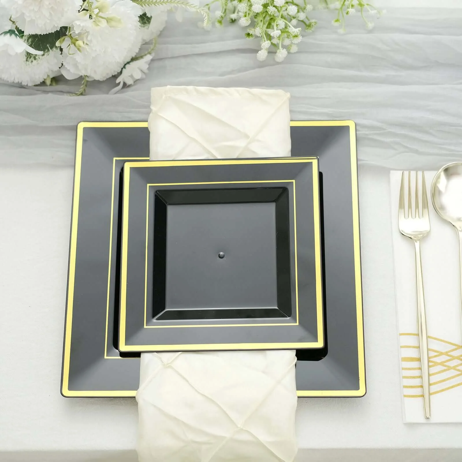 10-Pack Plastic Salad Dessert Plates 7" Black Square with Gold Trim - Disposable Plates for Parties - Image 2