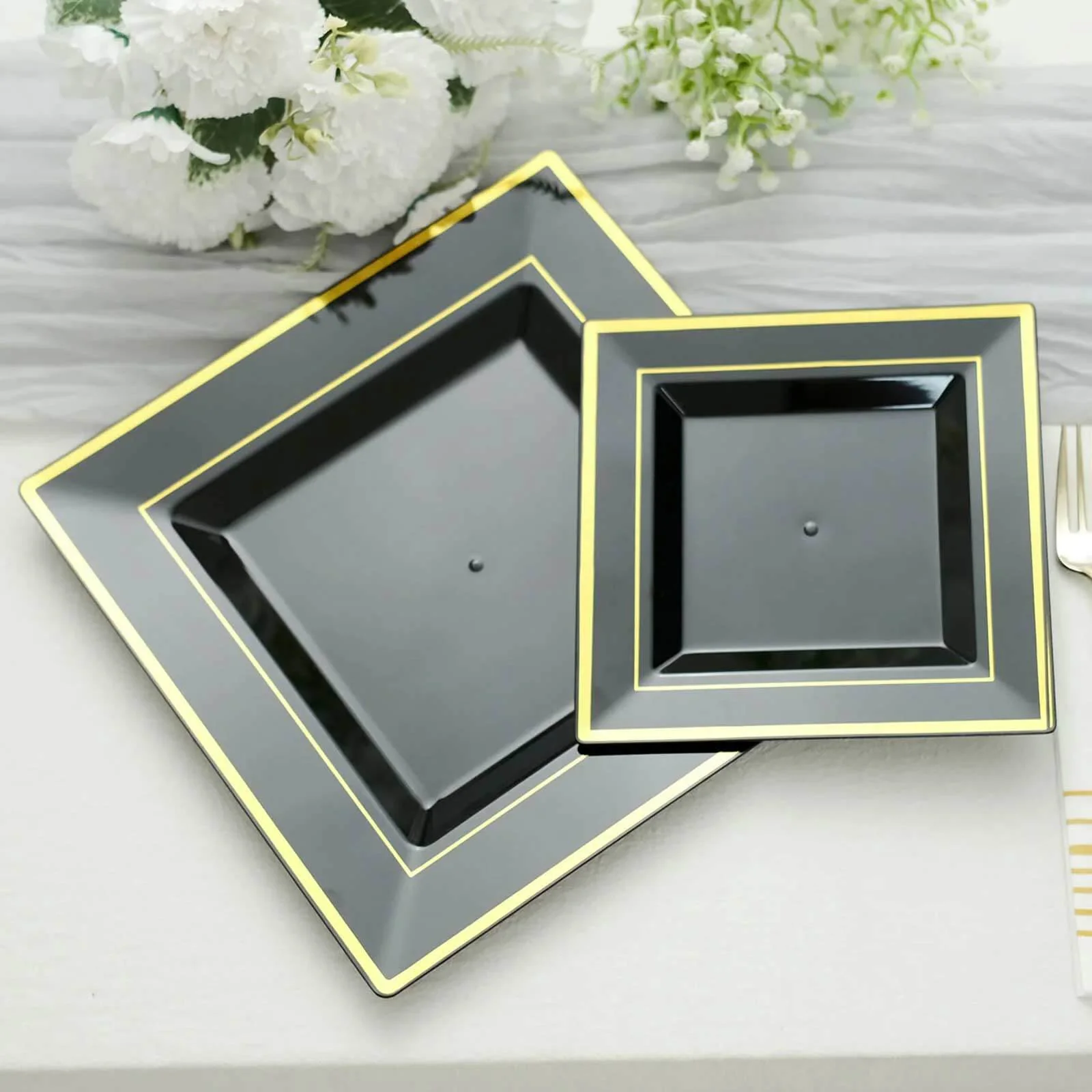 10-Pack Plastic Salad Dessert Plates 7" Black Square with Gold Trim - Disposable Plates for Parties - Image 6