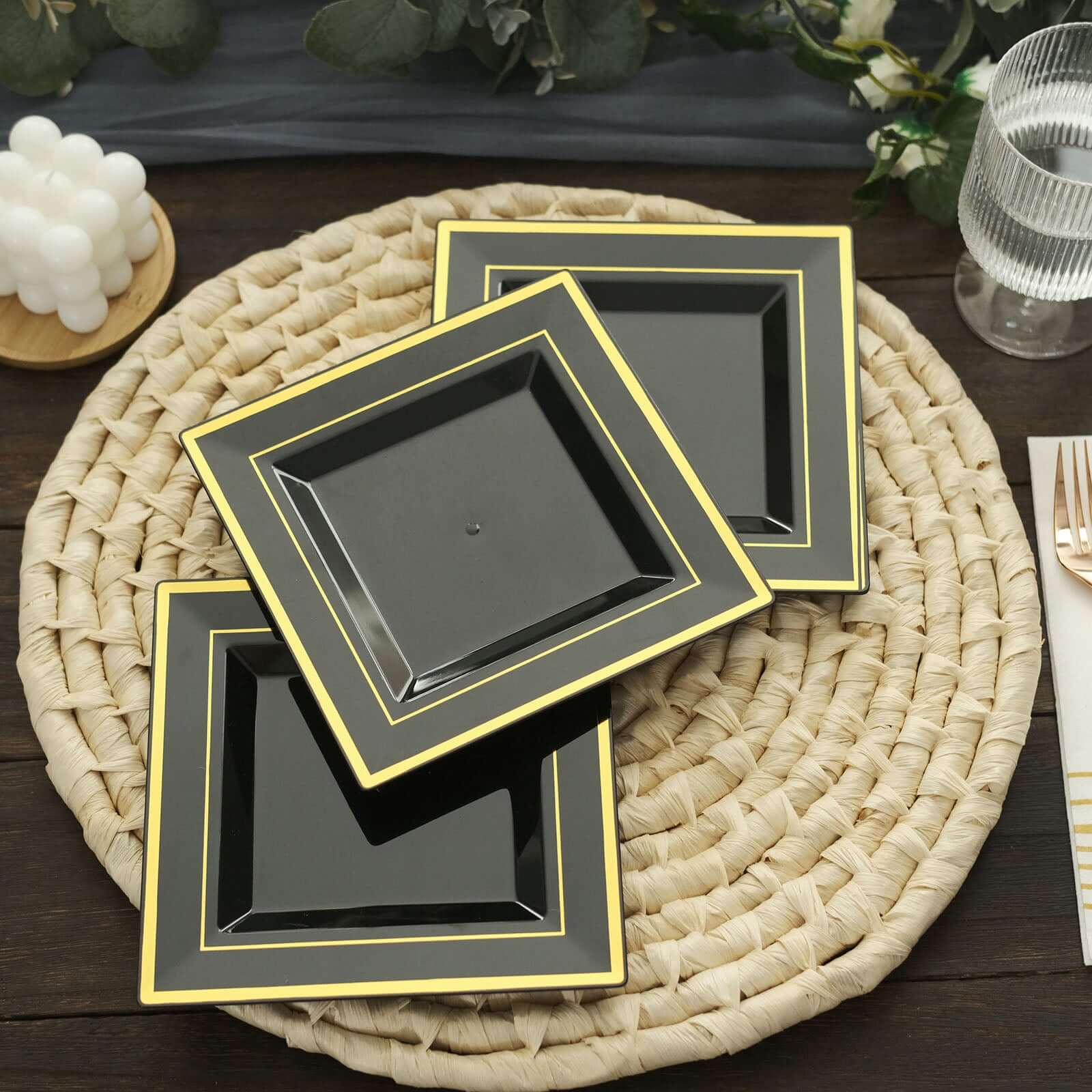 10-Pack Plastic Salad Dessert Plates 7" Black Square with Gold Trim - Disposable Plates for Parties - Image 8