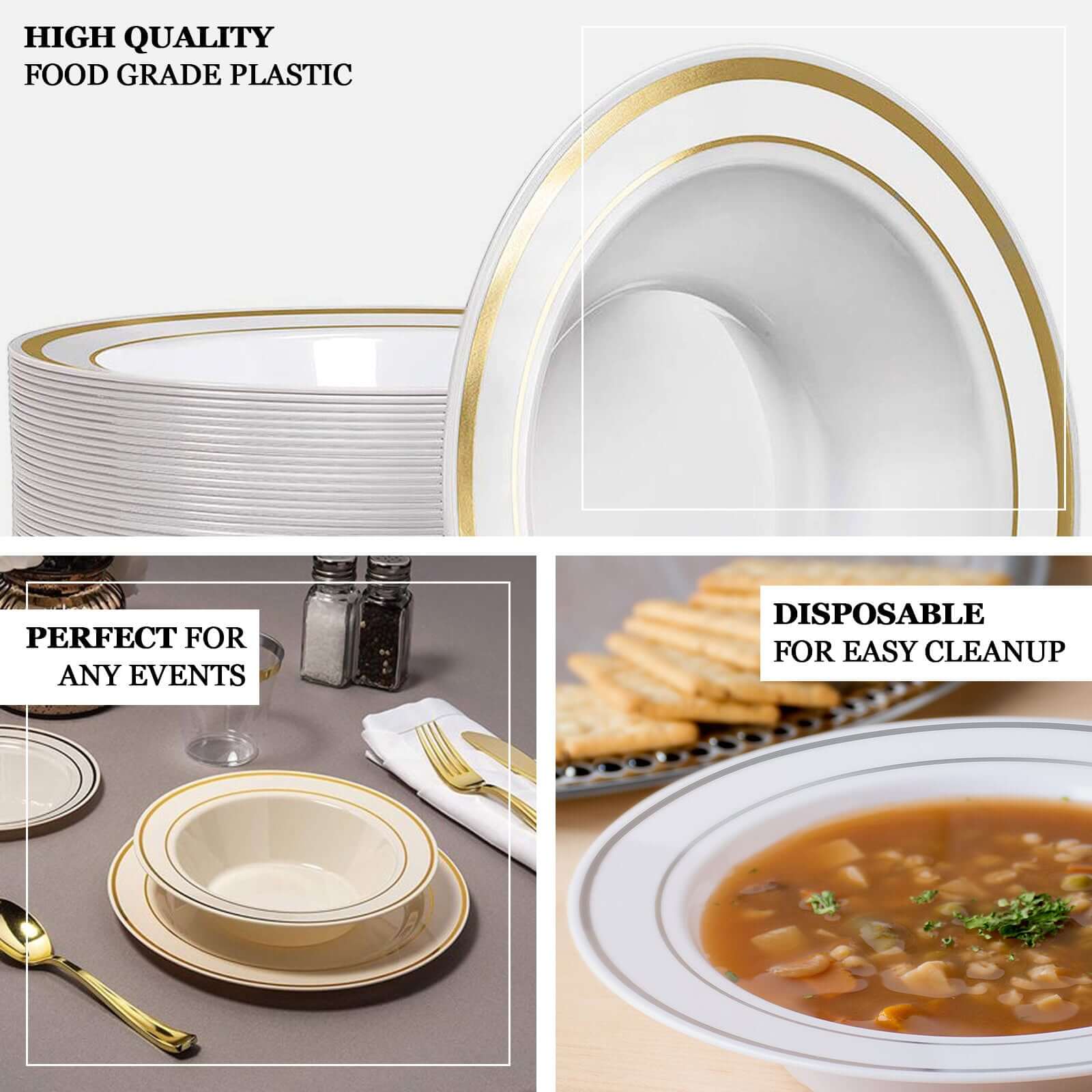 10-Pack Plastic Soup Bowls 12oz White with Gold Rim - Disposable Round Bowls for Events - Image 4