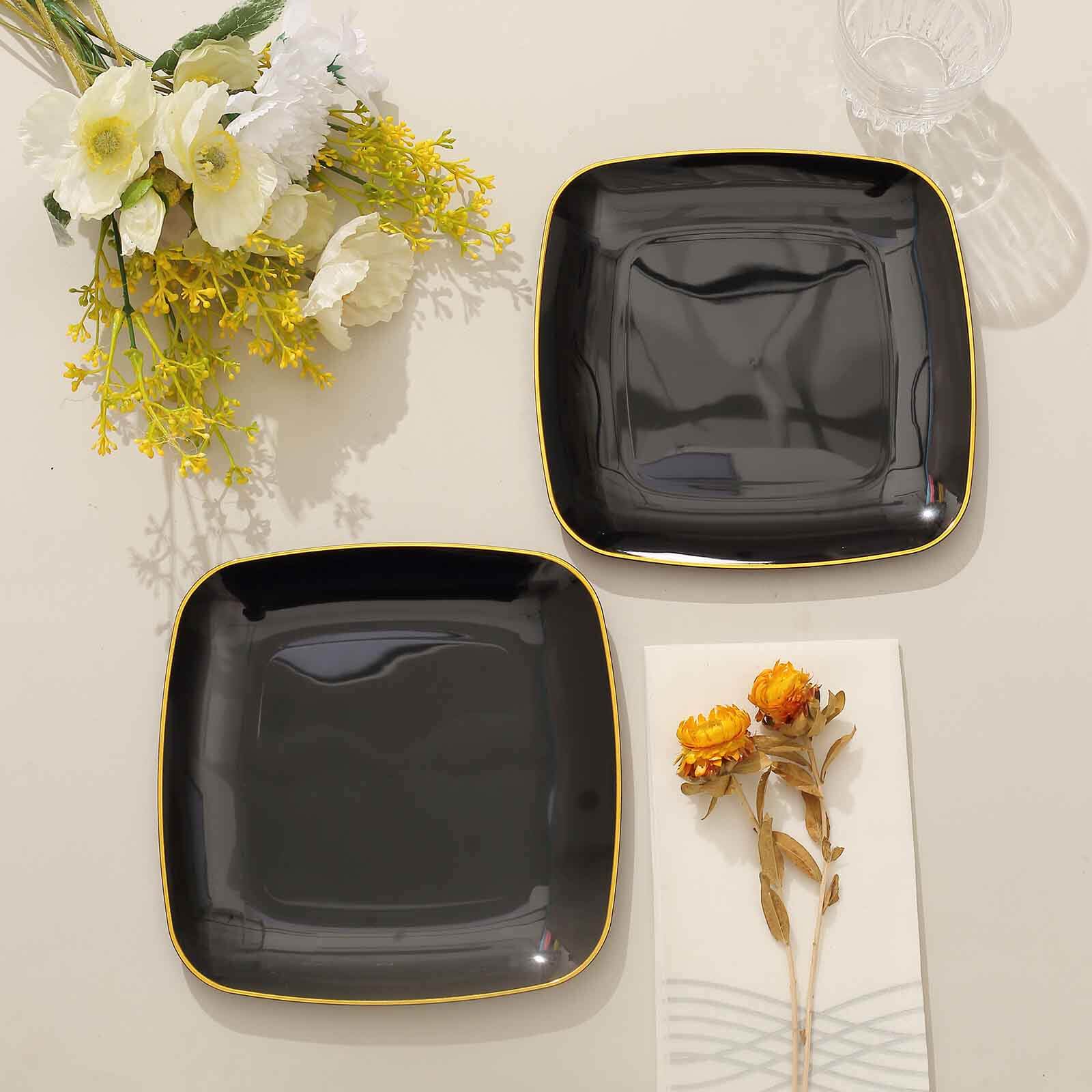 10-Pack Plastic Square Dessert Plates 7" Black with Gold Rim - Sleek Disposable Appetizer Salad Plates - Image 10