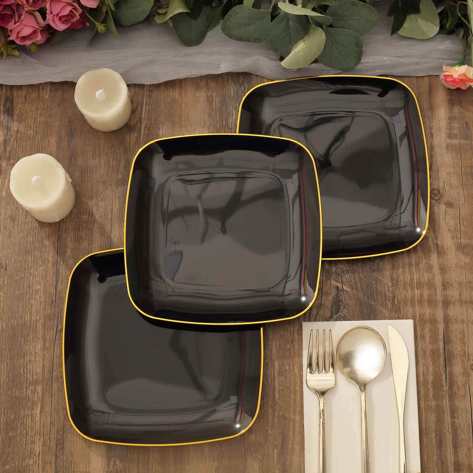 10-Pack Plastic Square Dessert Plates 7" Black with Gold Rim - Sleek Disposable Appetizer Salad Plates - Image 12