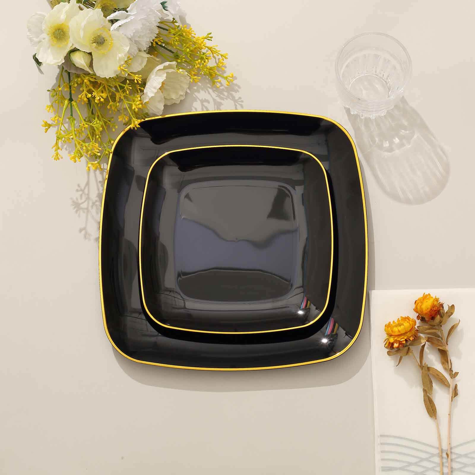10-Pack Plastic Square Dessert Plates 7" Black with Gold Rim - Sleek Disposable Appetizer Salad Plates - Image 2