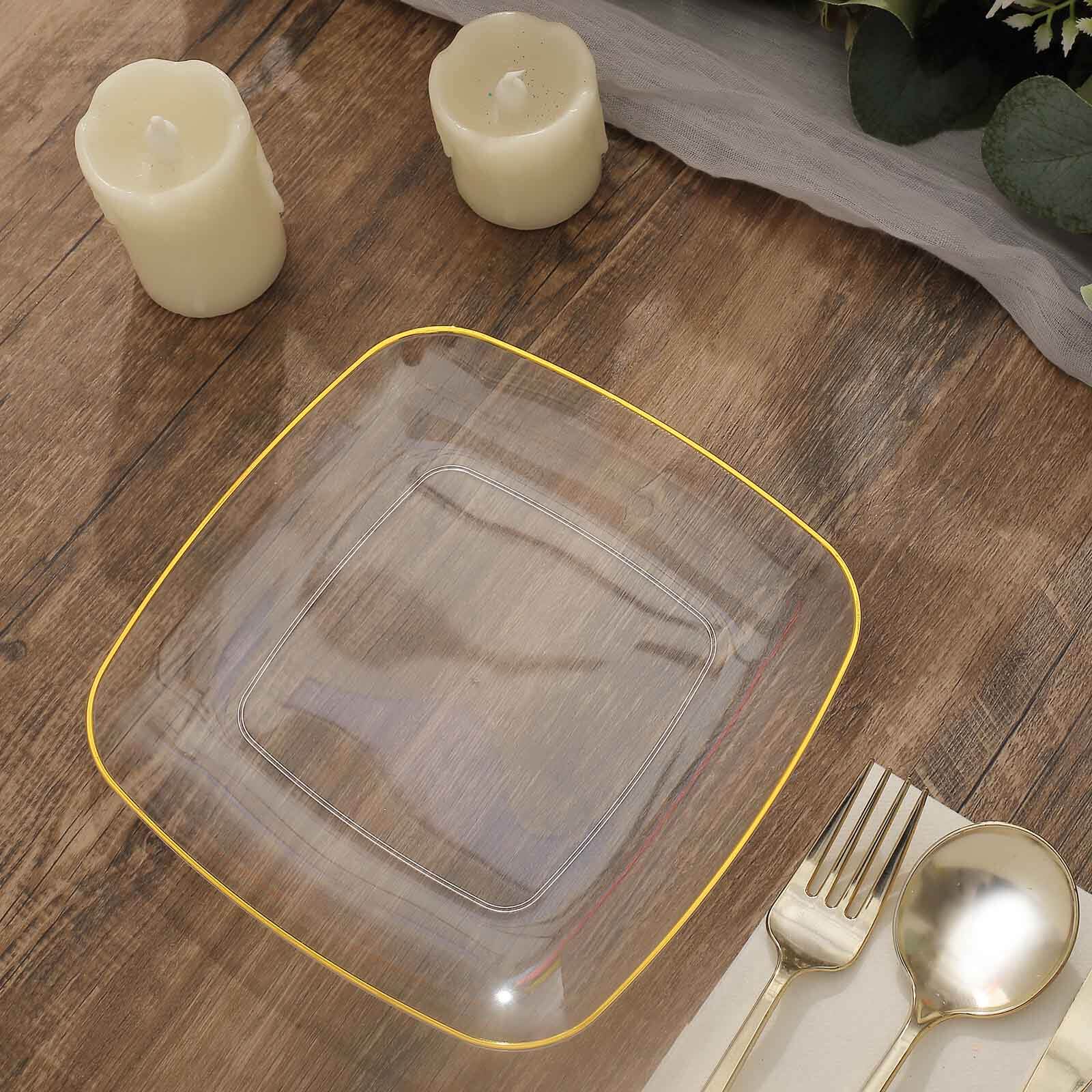 10-Pack Plastic Square Dessert Plates 7" Clear with Gold Rim - Sleek Disposable Appetizer Salad Plates - Image 4