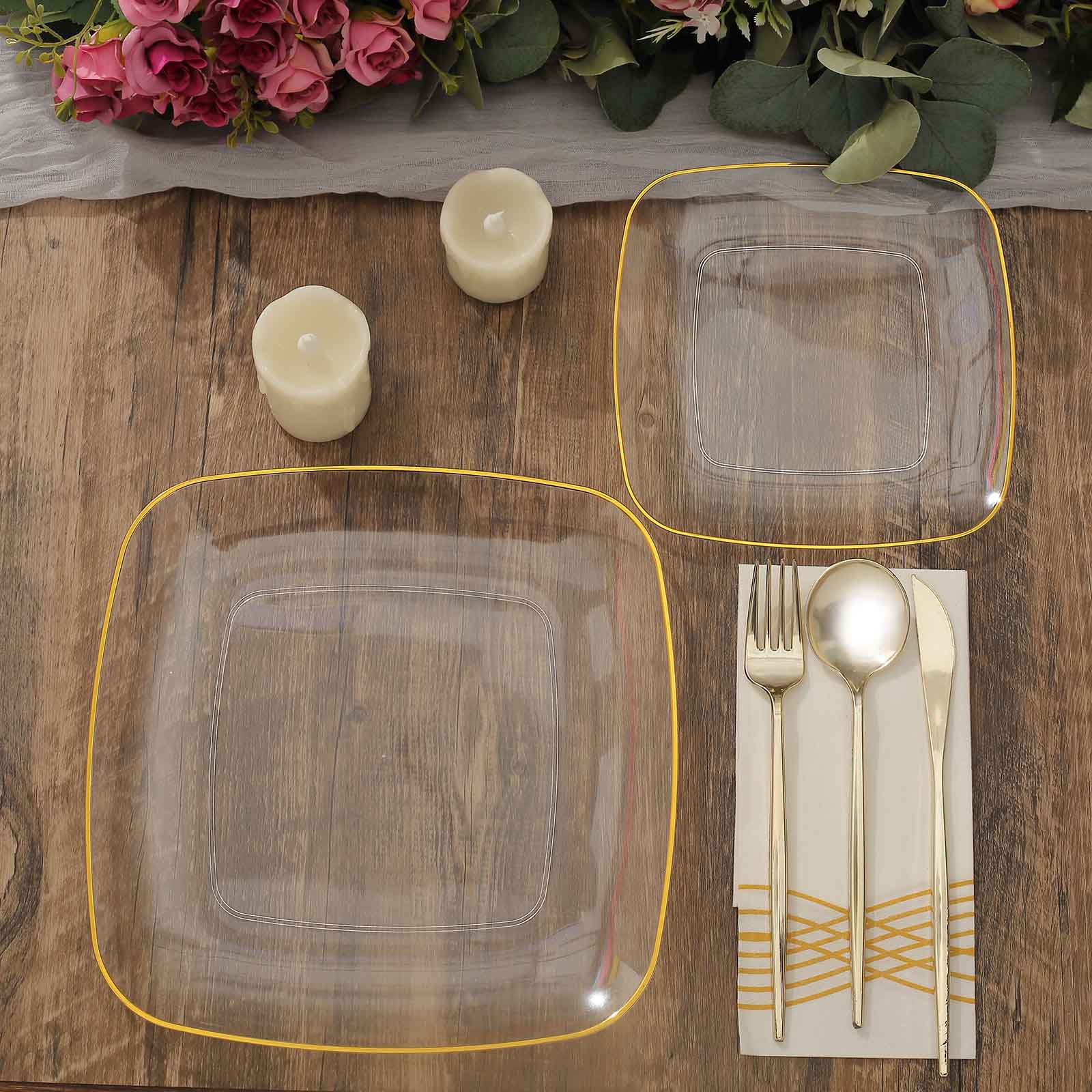 10-Pack Plastic Square Dessert Plates 7" Clear with Gold Rim - Sleek Disposable Appetizer Salad Plates - Image 8