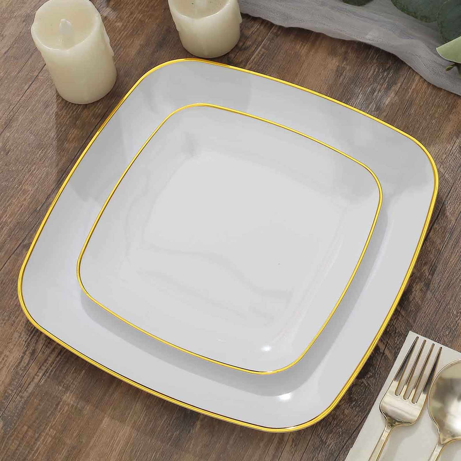 10-Pack Plastic Square Dessert Plates 7" White with Gold Rim - Sleek Disposable Appetizer Salad Plates for Events & Banquets