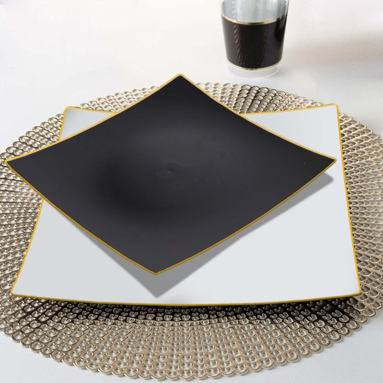10-Pack Plastic Square Dessert Plates 8" Black Concave Style with Gold Rim - Modern Disposable Salad Appetizer Party Plates - Image 2