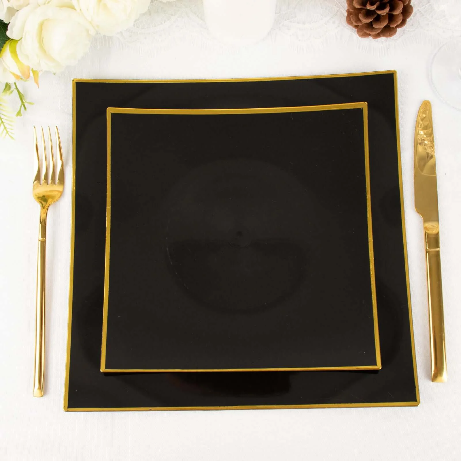 10-Pack Plastic Square Dessert Plates 8" Black Concave Style with Gold Rim - Modern Disposable Salad Appetizer Party Plates - Image 9