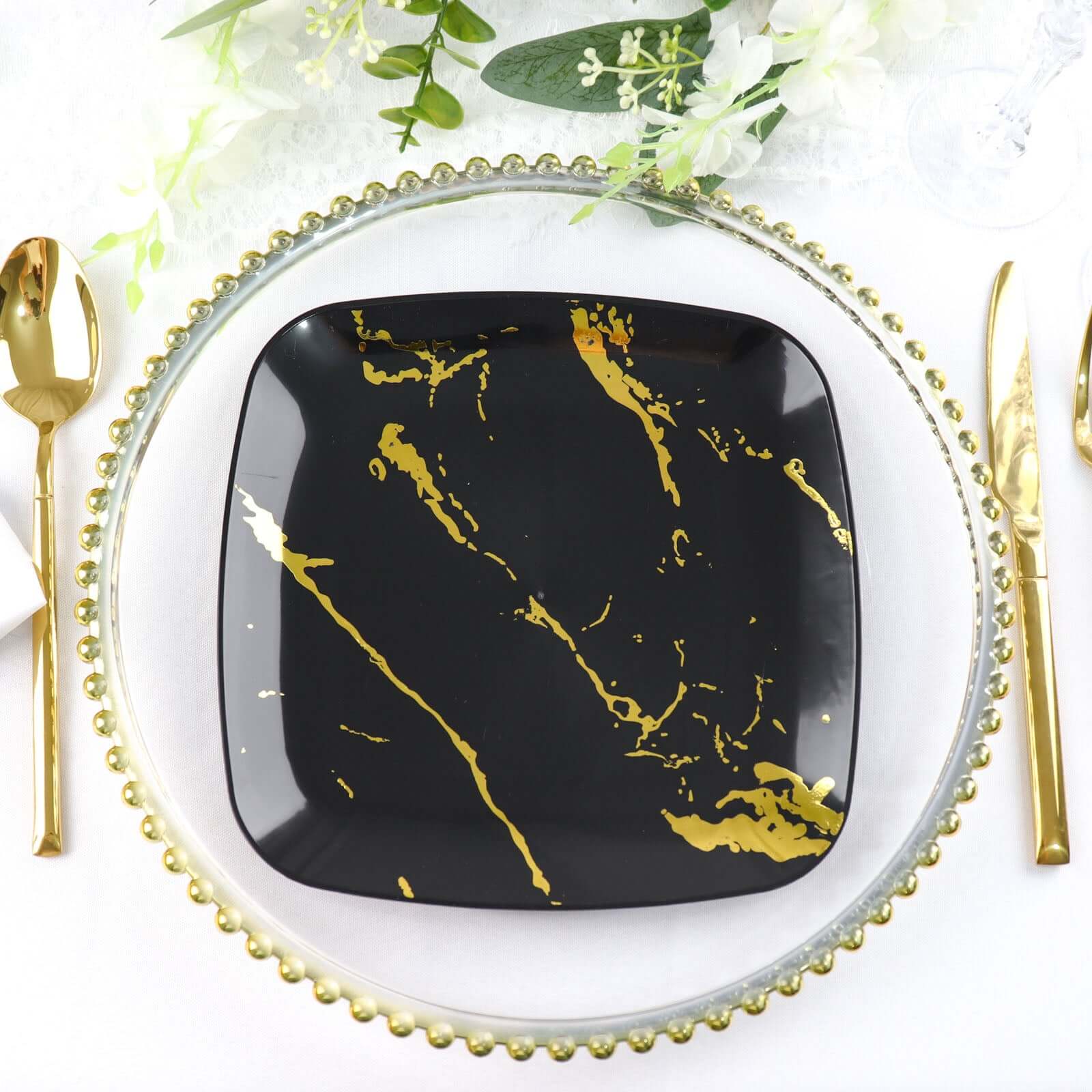 10-Pack Plastic Square Dessert Plates 8" Black with Gold Marble Design - Disposable Appetizer Salad Party Plates - Image 10