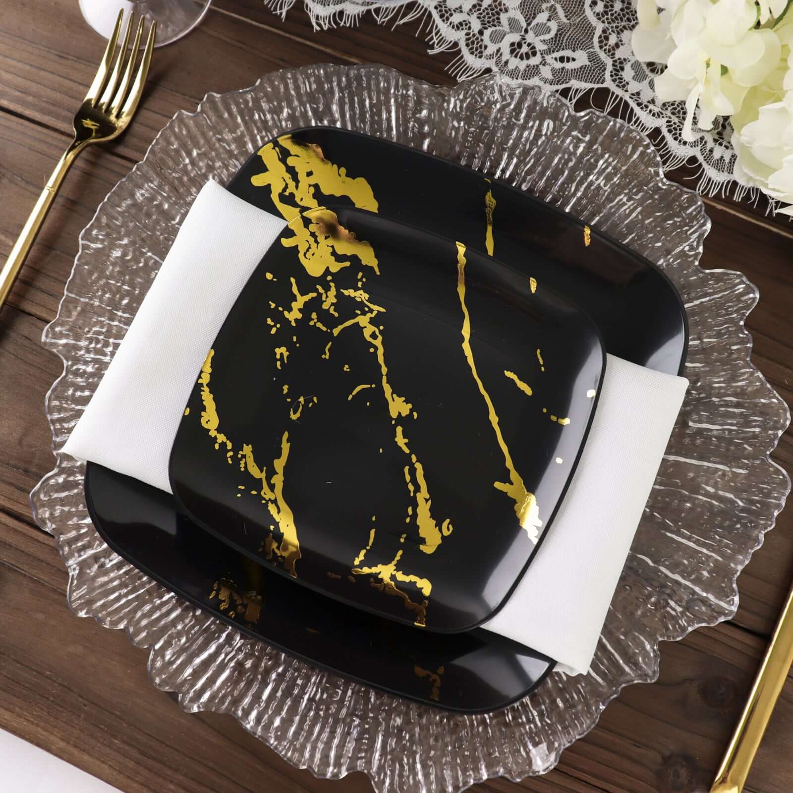 10-Pack Plastic Square Dessert Plates 8" Black with Gold Marble Design - Disposable Appetizer Salad Party Plates - Image 12